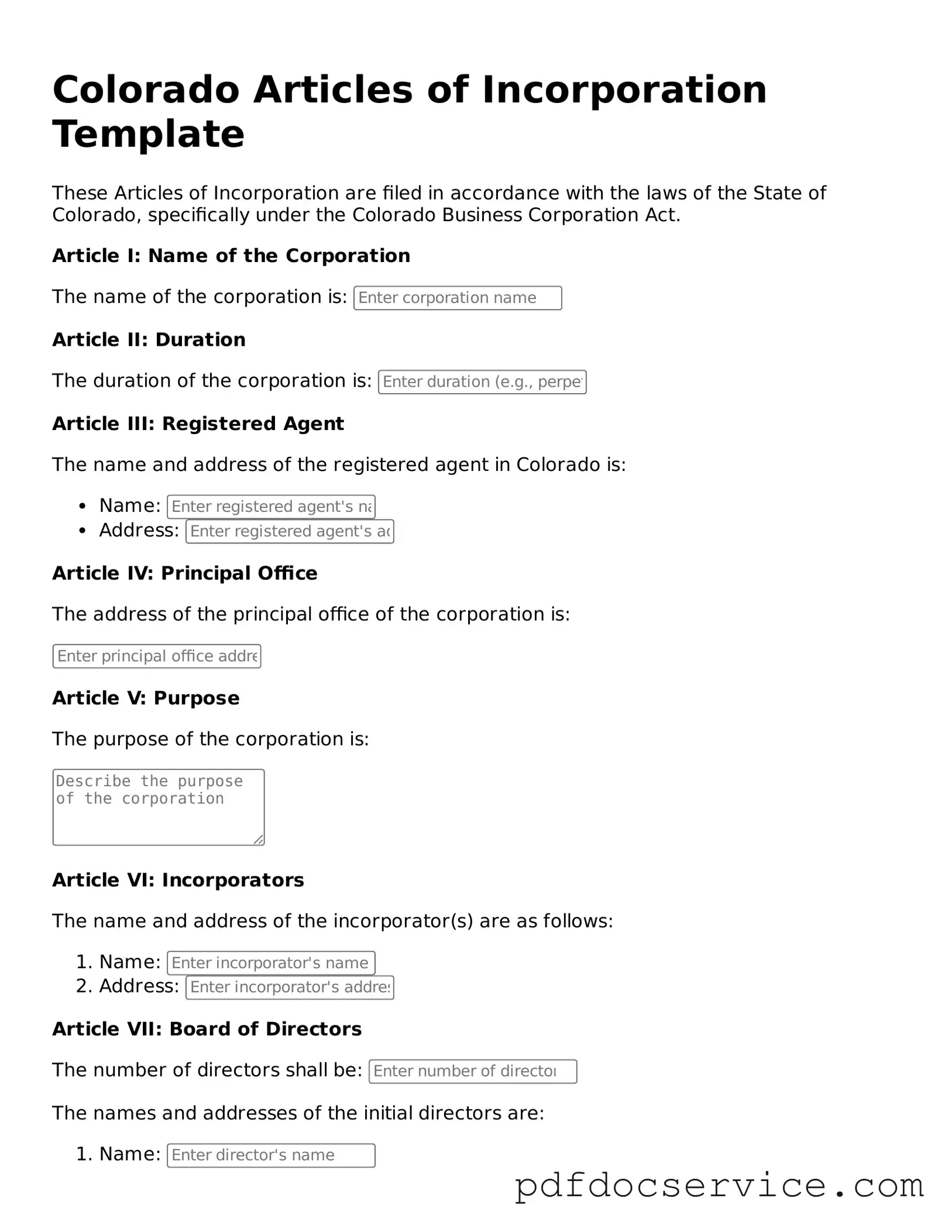 Printable  Articles of Incorporation Template for Colorado