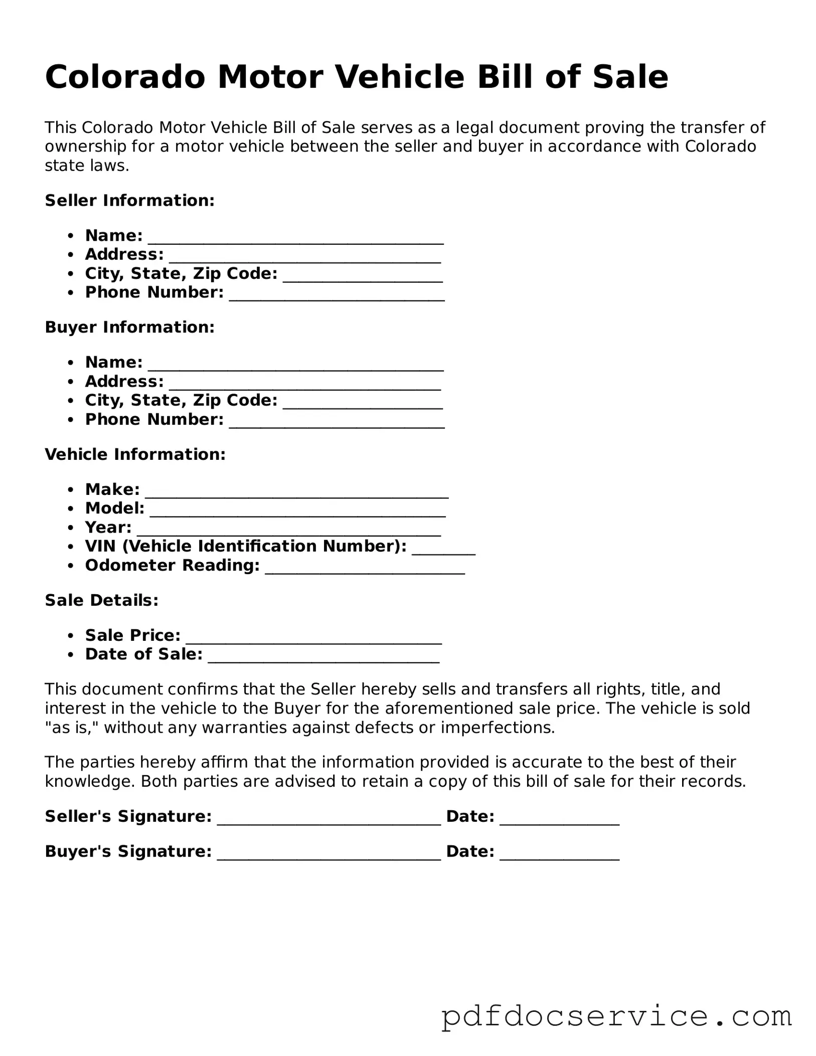 Printable  Motor Vehicle Bill of Sale Template for Colorado