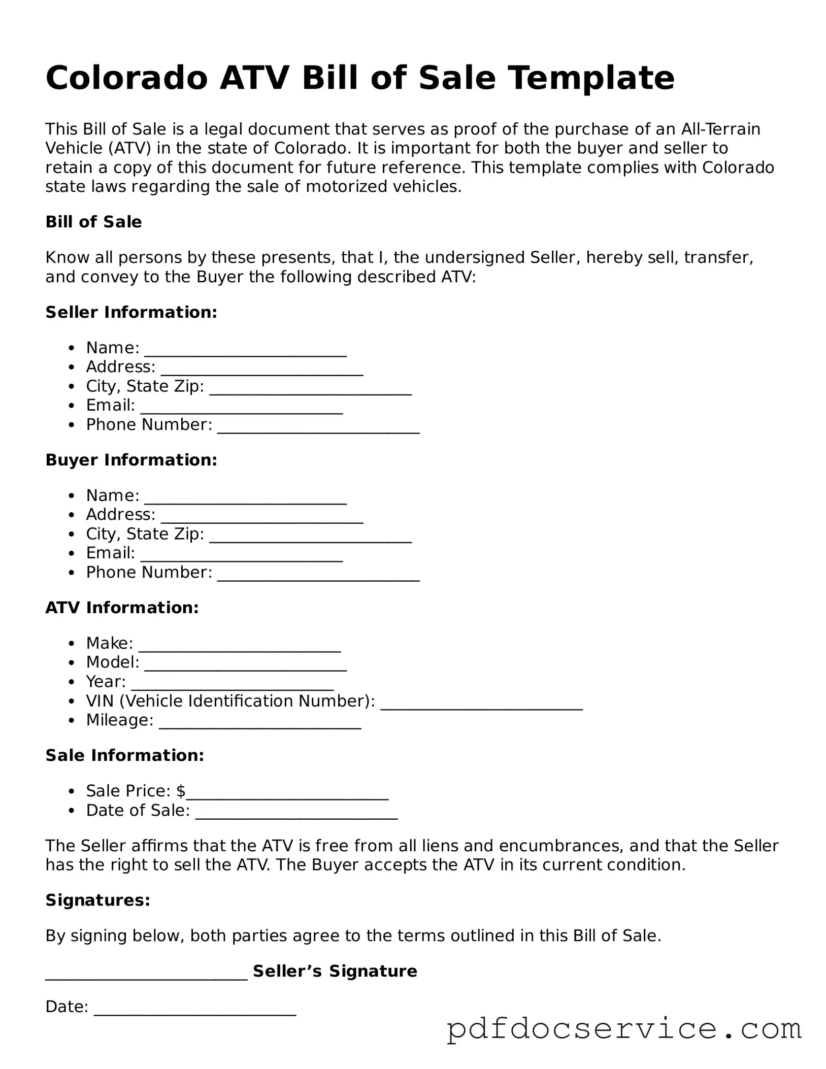 Printable  ATV Bill of Sale Template for Colorado