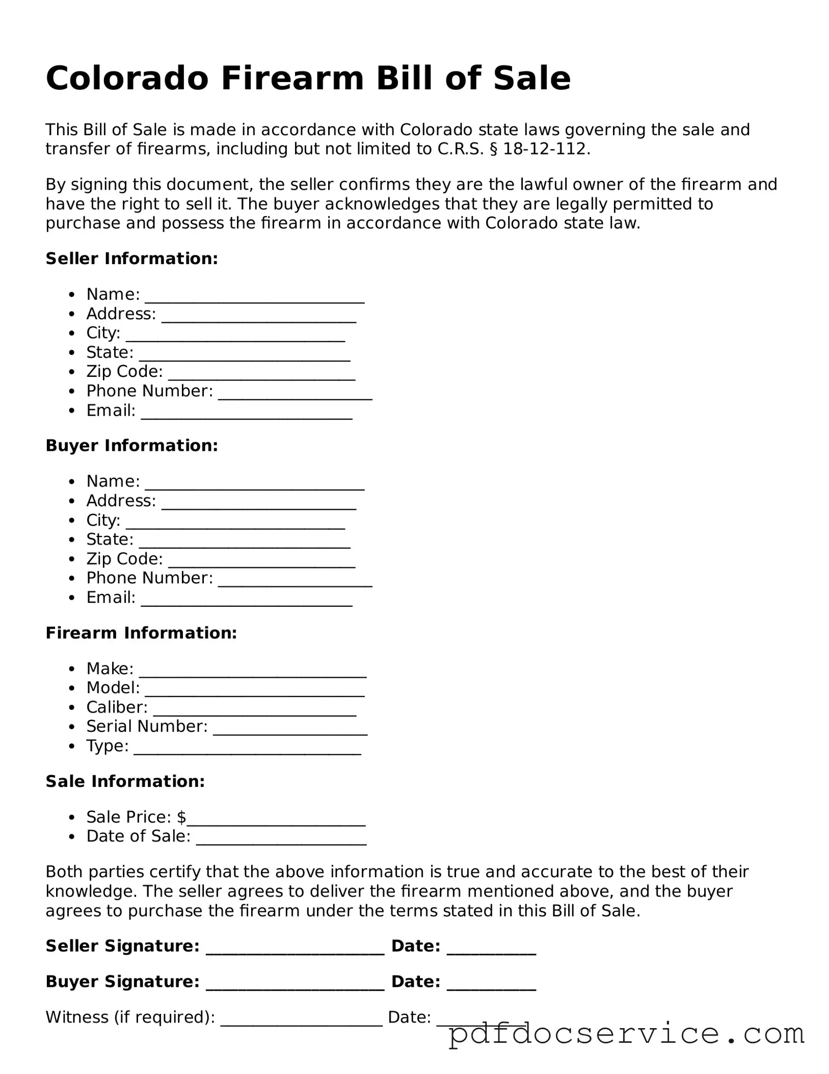 Printable  Firearm Bill of Sale Template for Colorado
