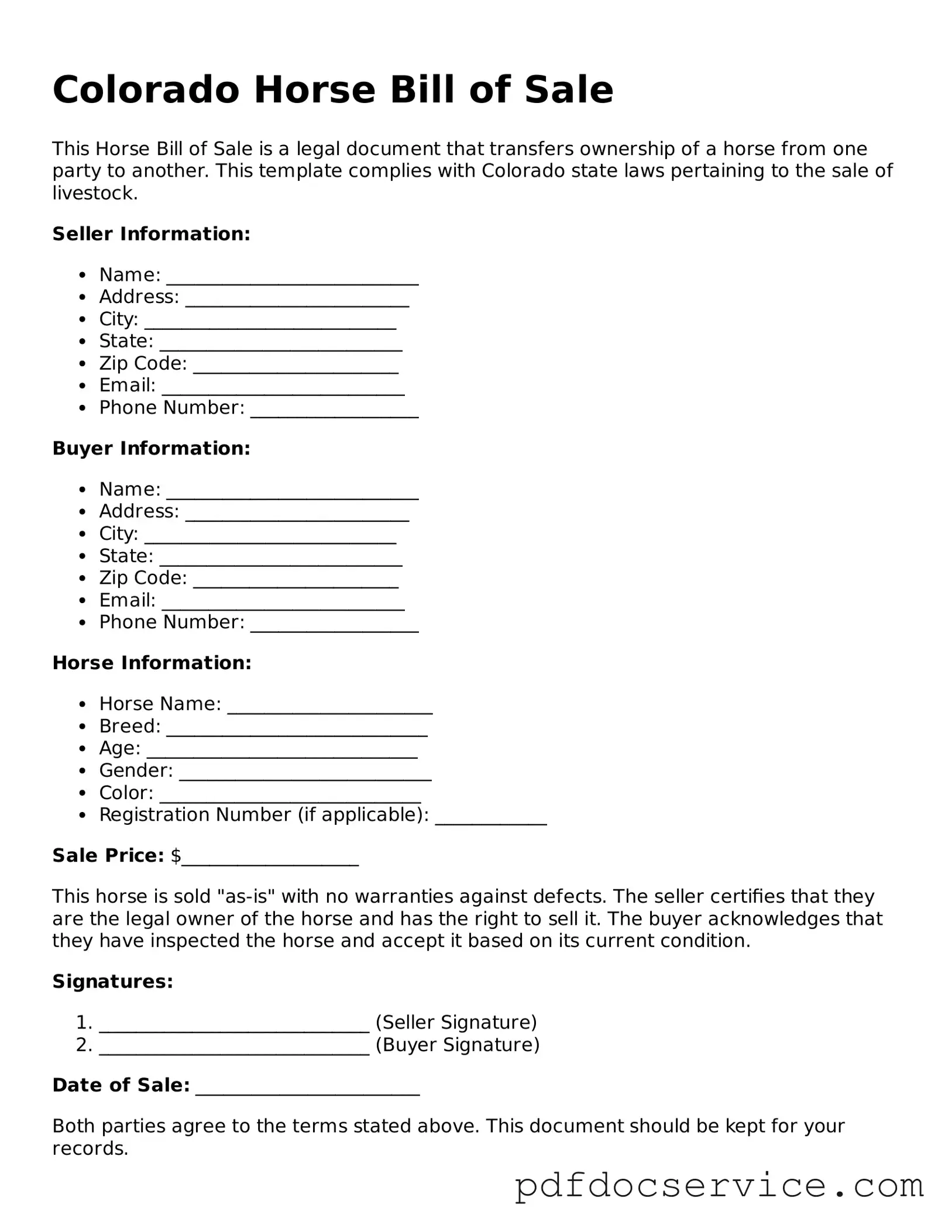 Printable  Horse Bill of Sale Template for Colorado