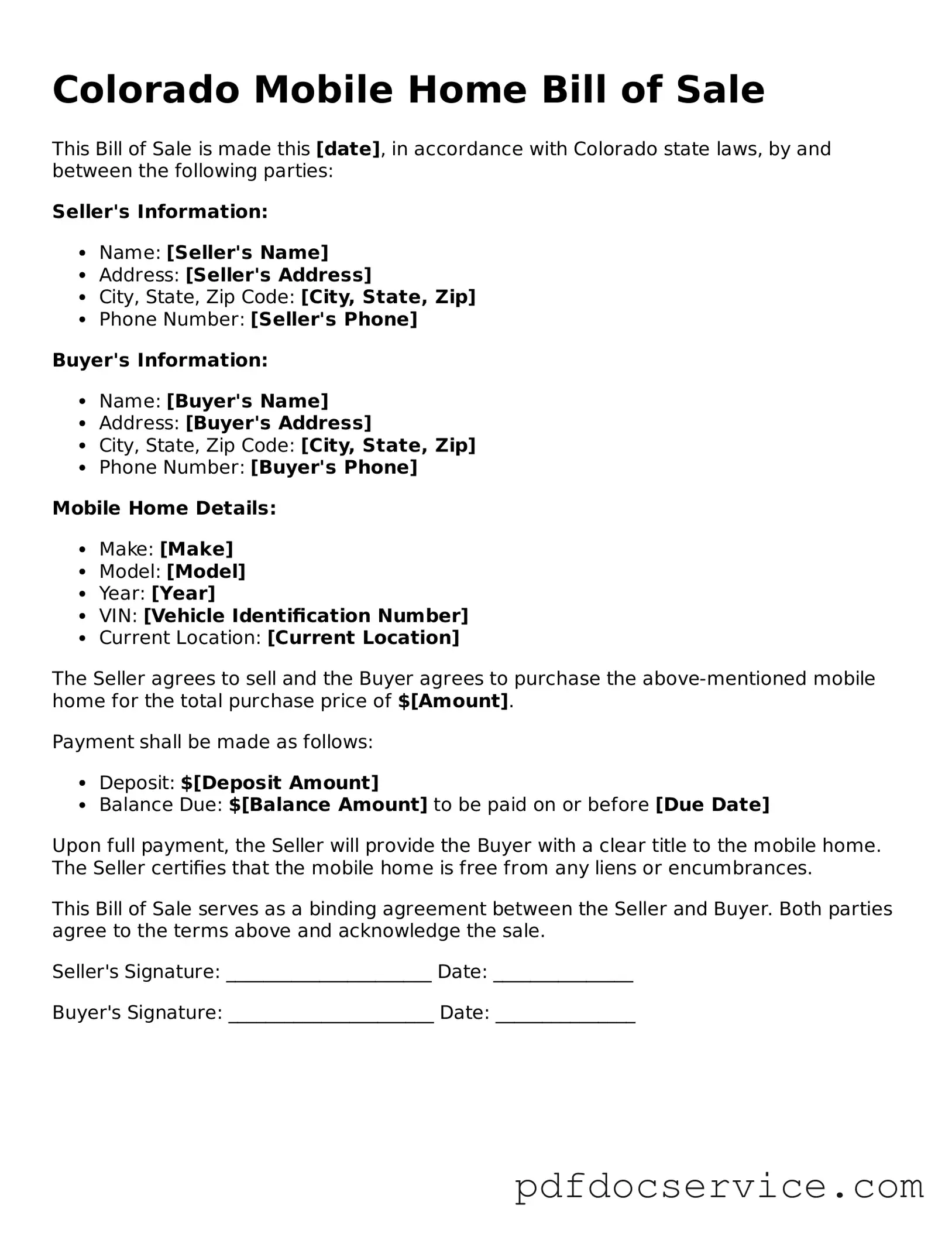 Printable  Mobile Home Bill of Sale Template for Colorado