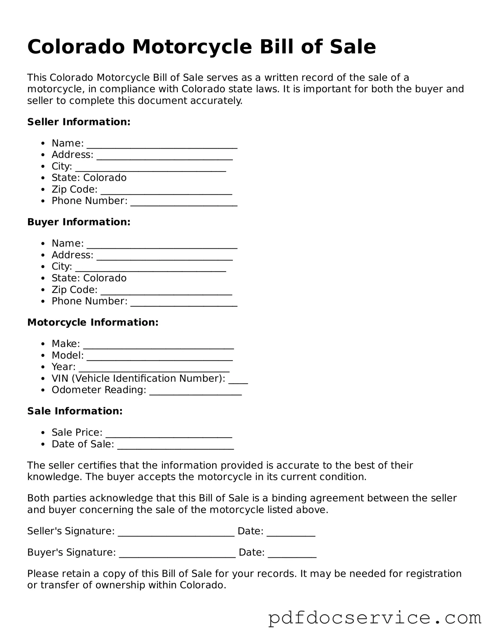Printable  Motorcycle Bill of Sale Template for Colorado