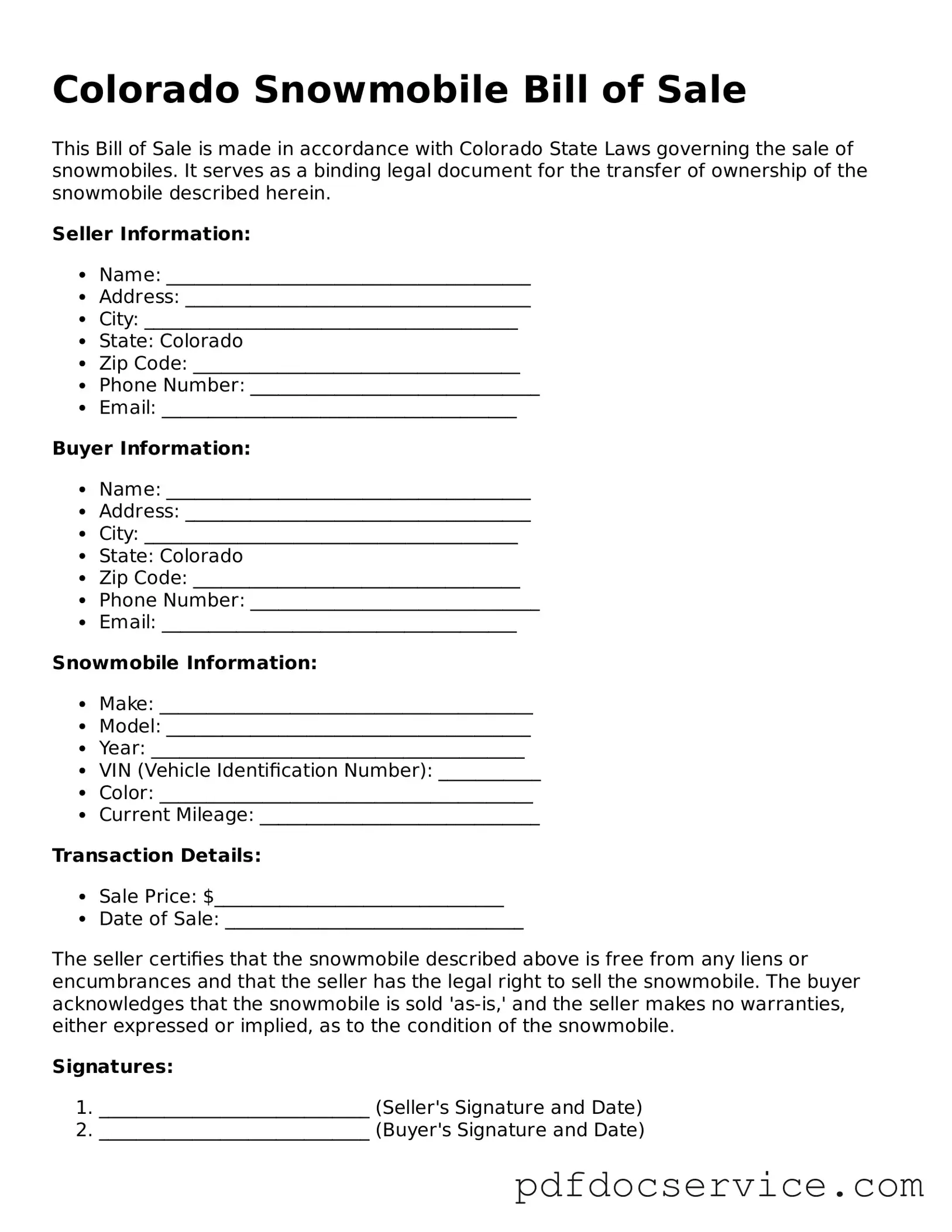 Printable  Snowmobile Bill of Sale Template for Colorado