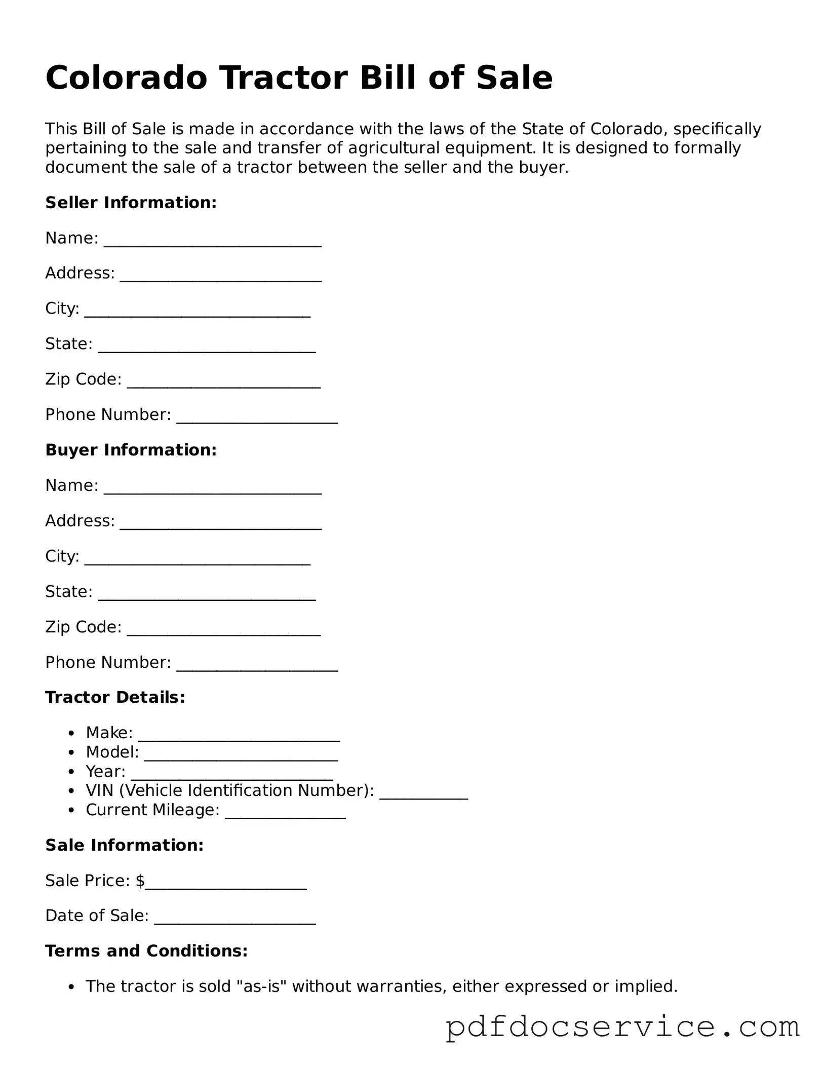 Printable  Tractor Bill of Sale Template for Colorado