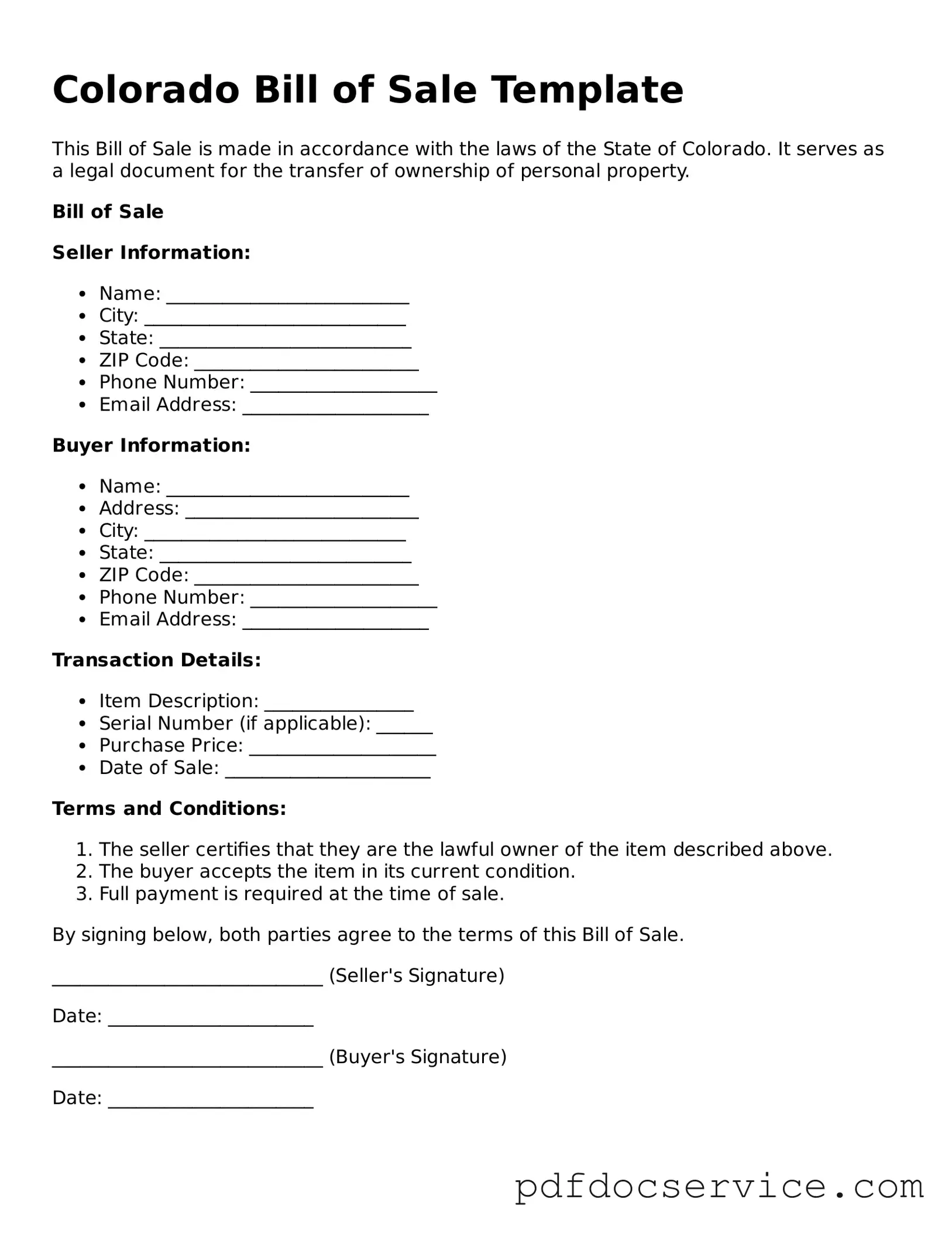 Printable  Bill of Sale Template for Colorado