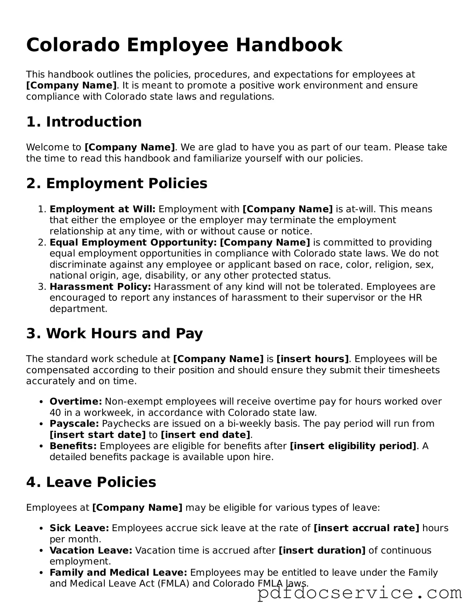 Printable  Employee Handbook Template for Colorado