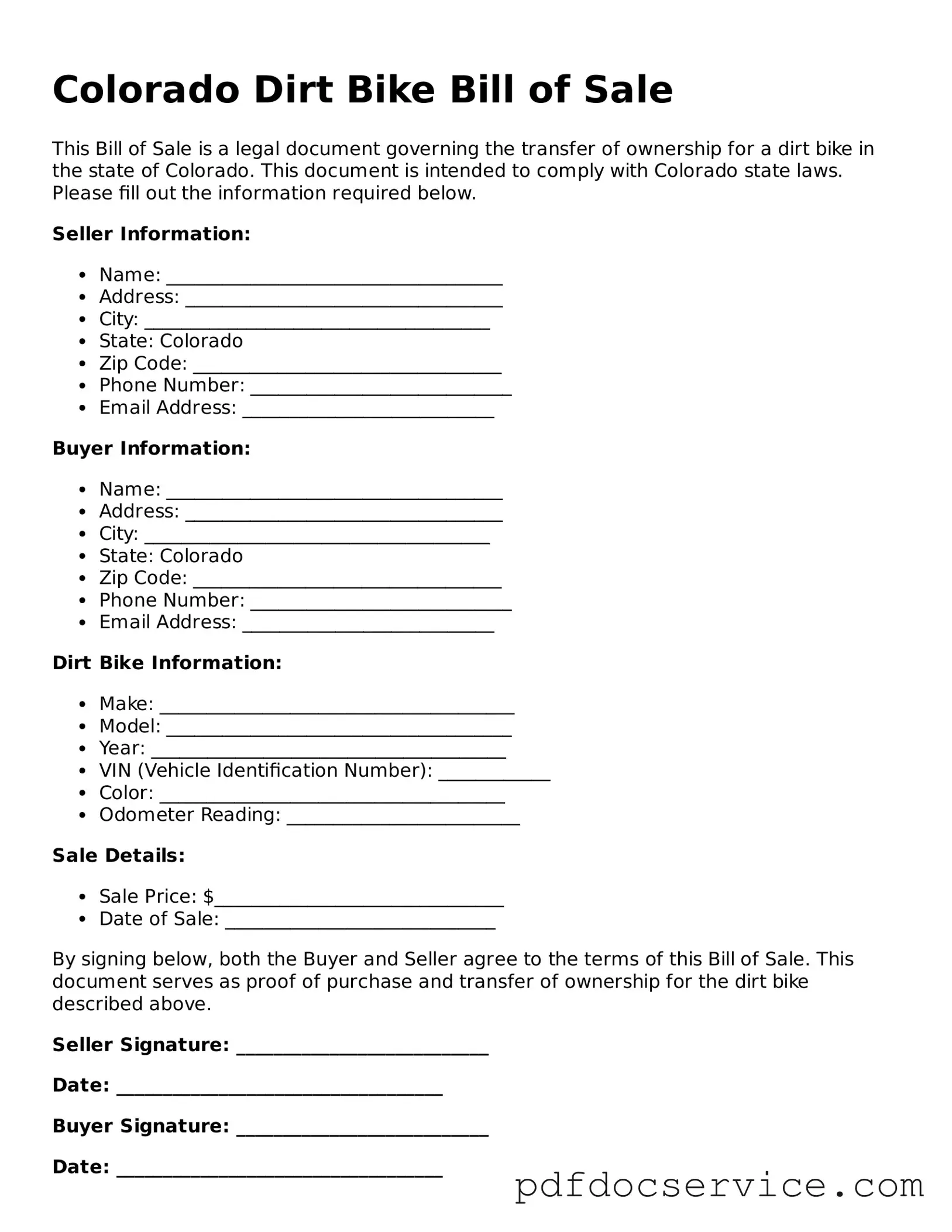 Printable  Dirt Bike Bill of Sale Template for Colorado