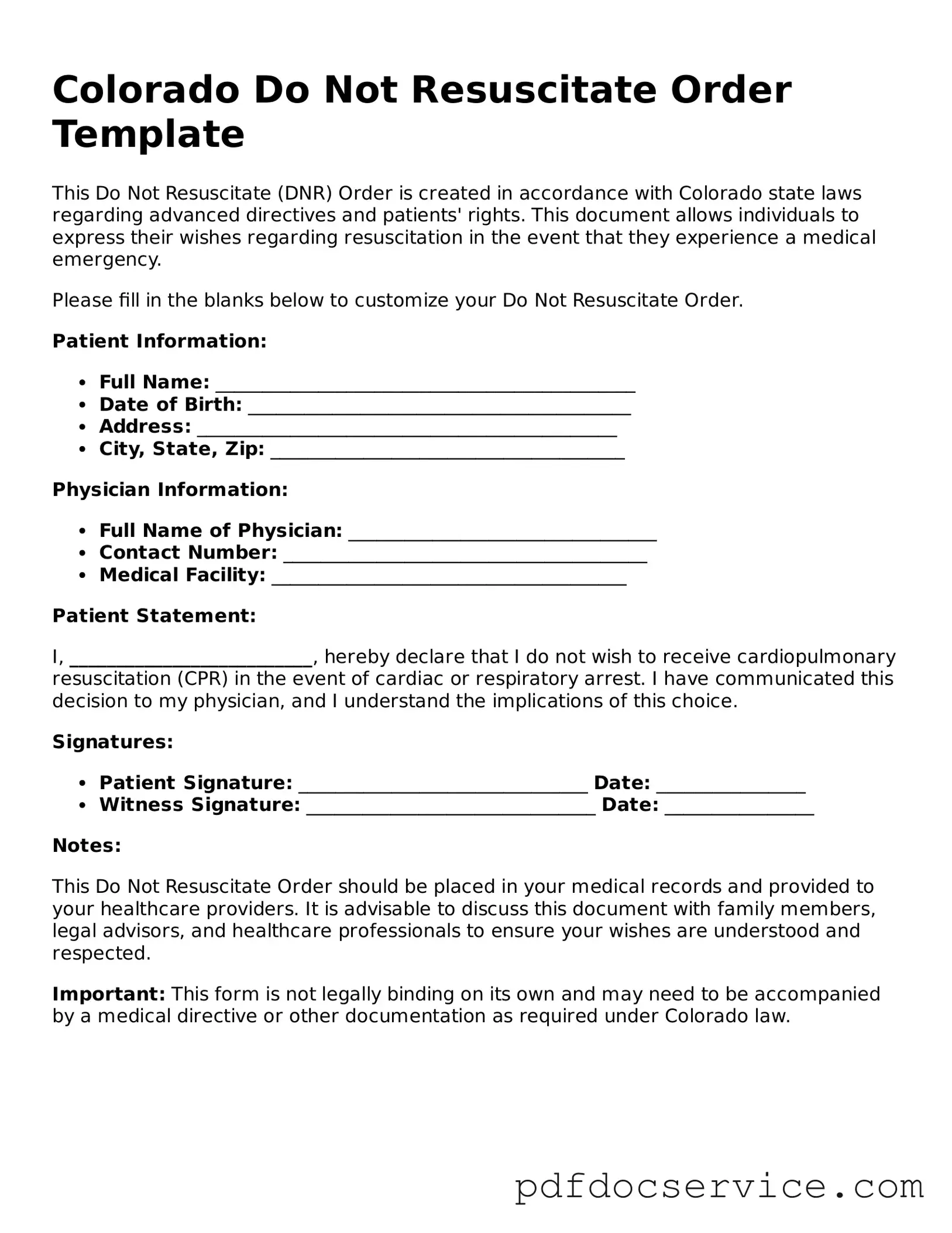 Printable  Do Not Resuscitate Order Template for Colorado