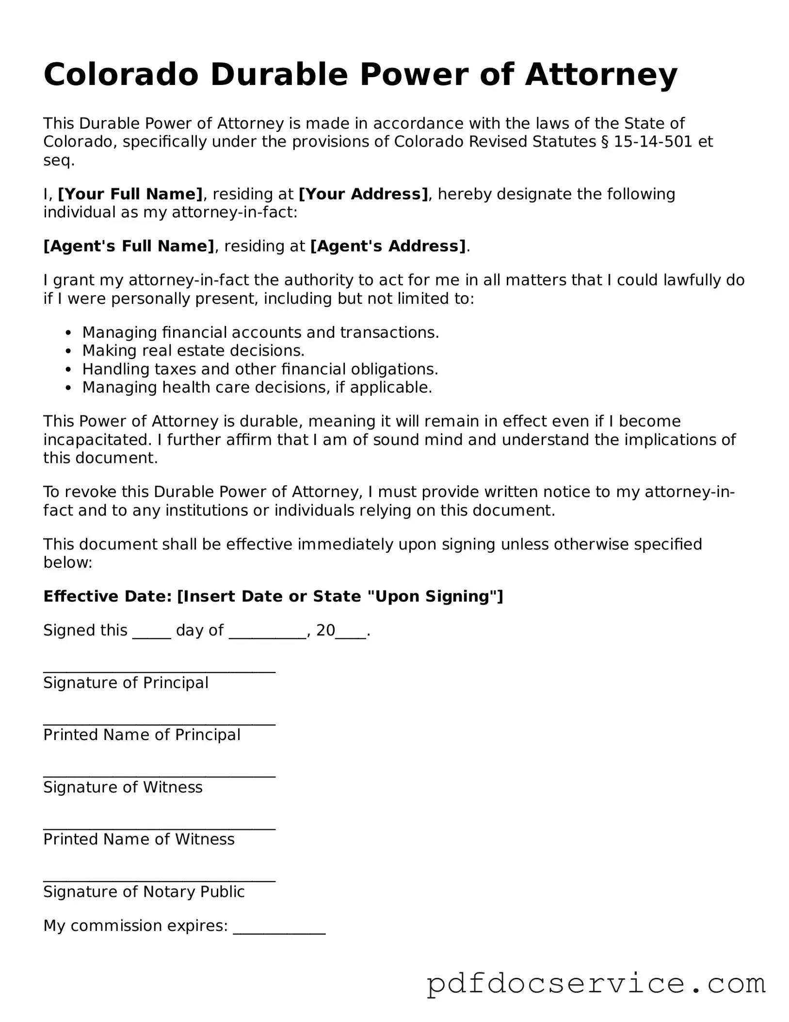 Printable  Durable Power of Attorney Template for Colorado