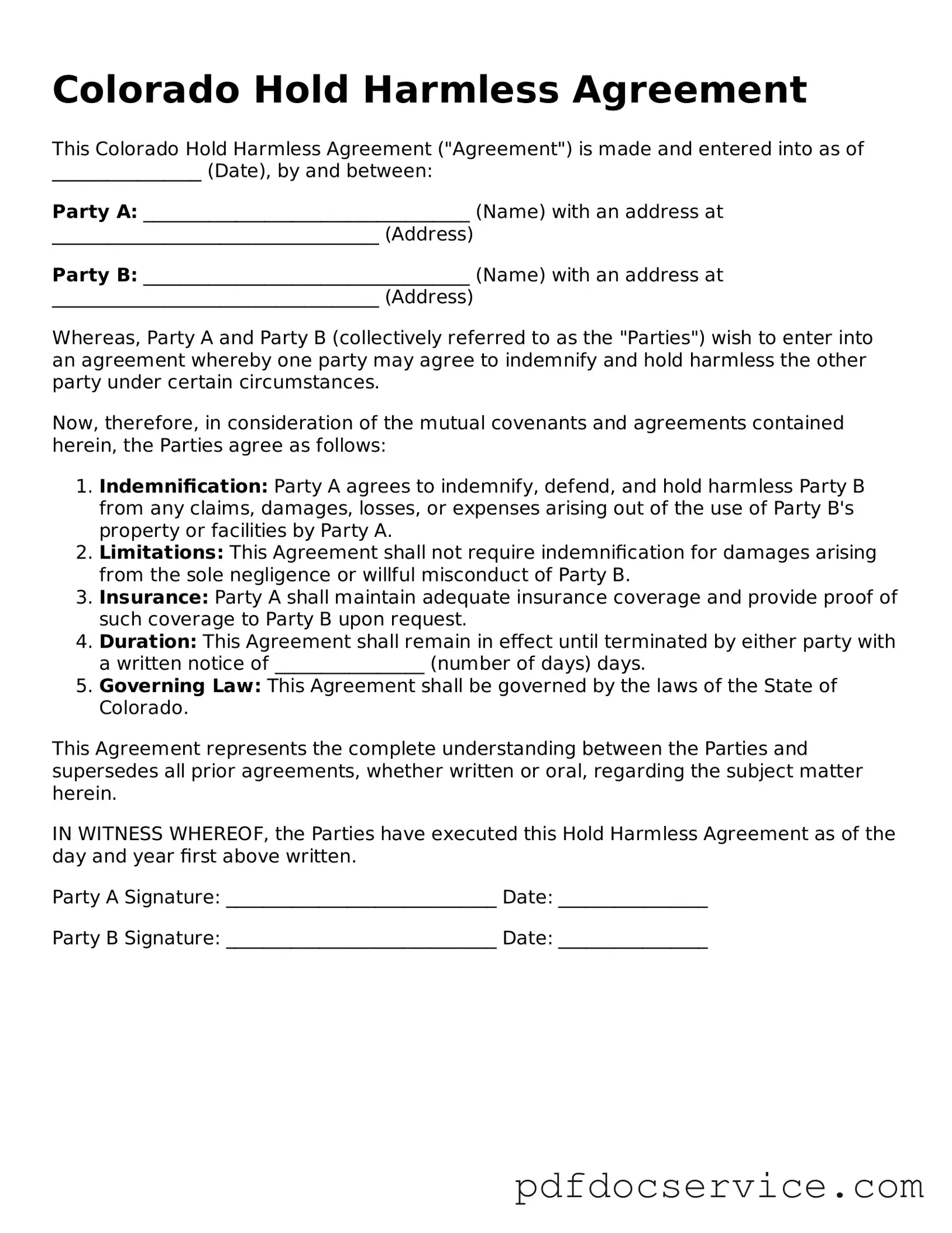 Printable  Hold Harmless Agreement Template for Colorado