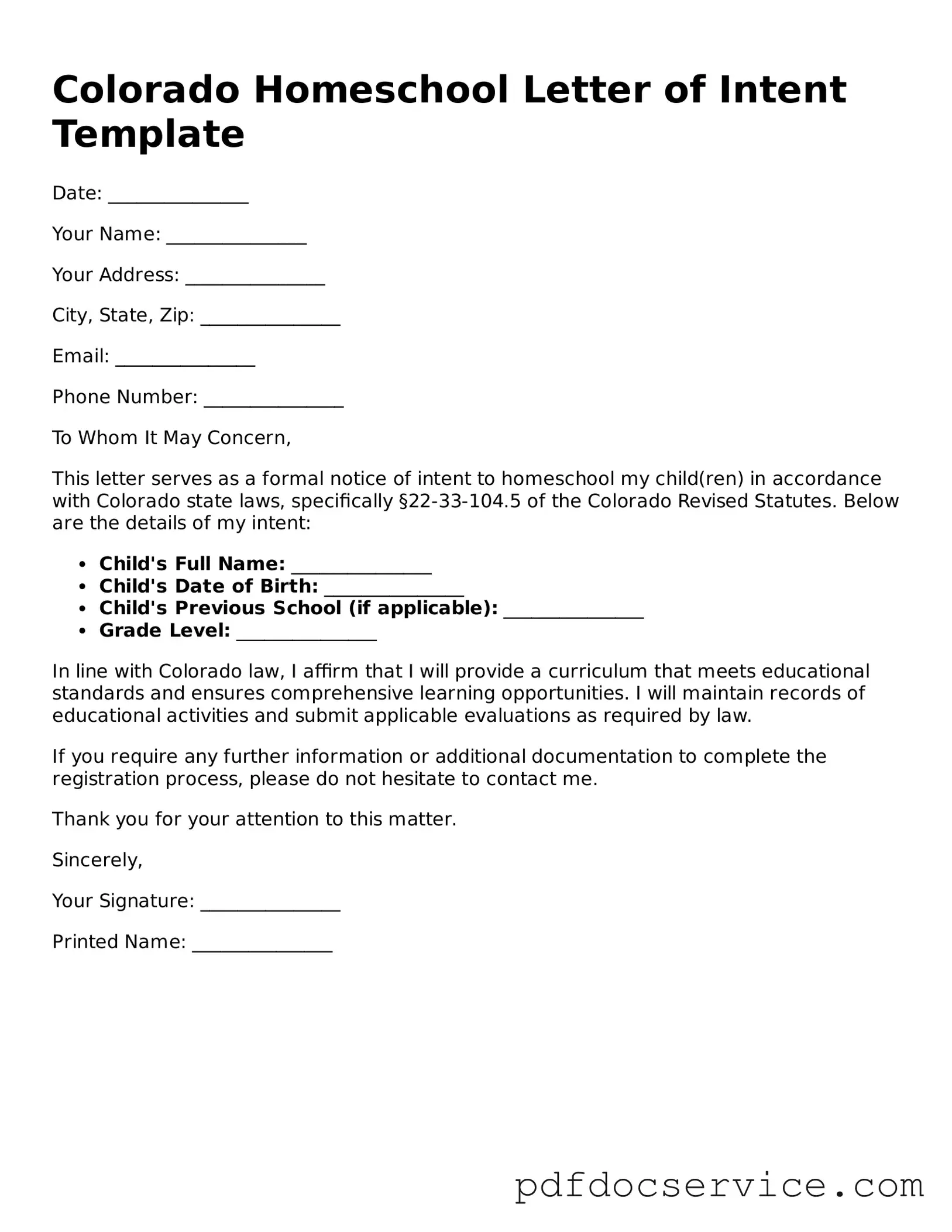 Printable  Homeschool Letter of Intent Template for Colorado