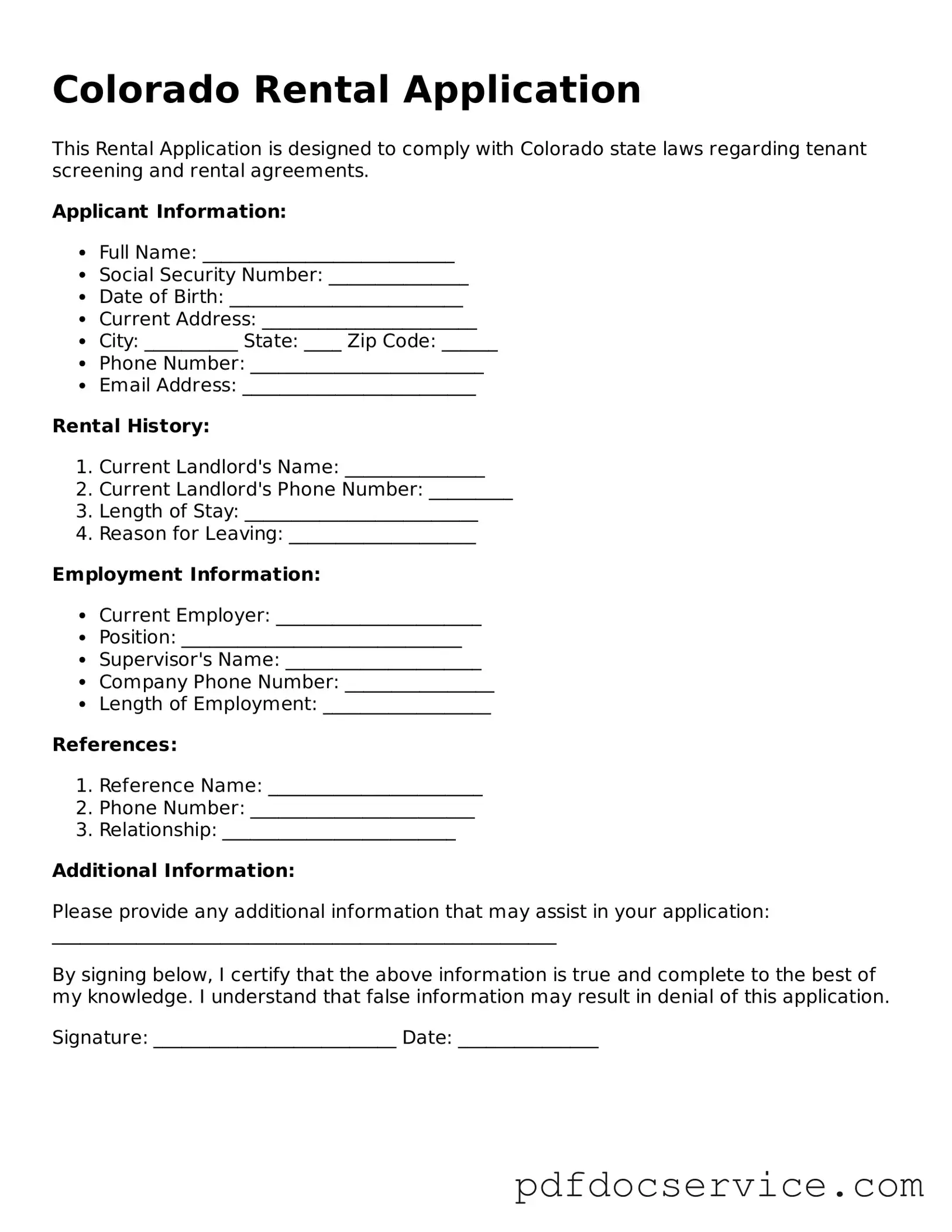 Printable  Rental Application Template for Colorado