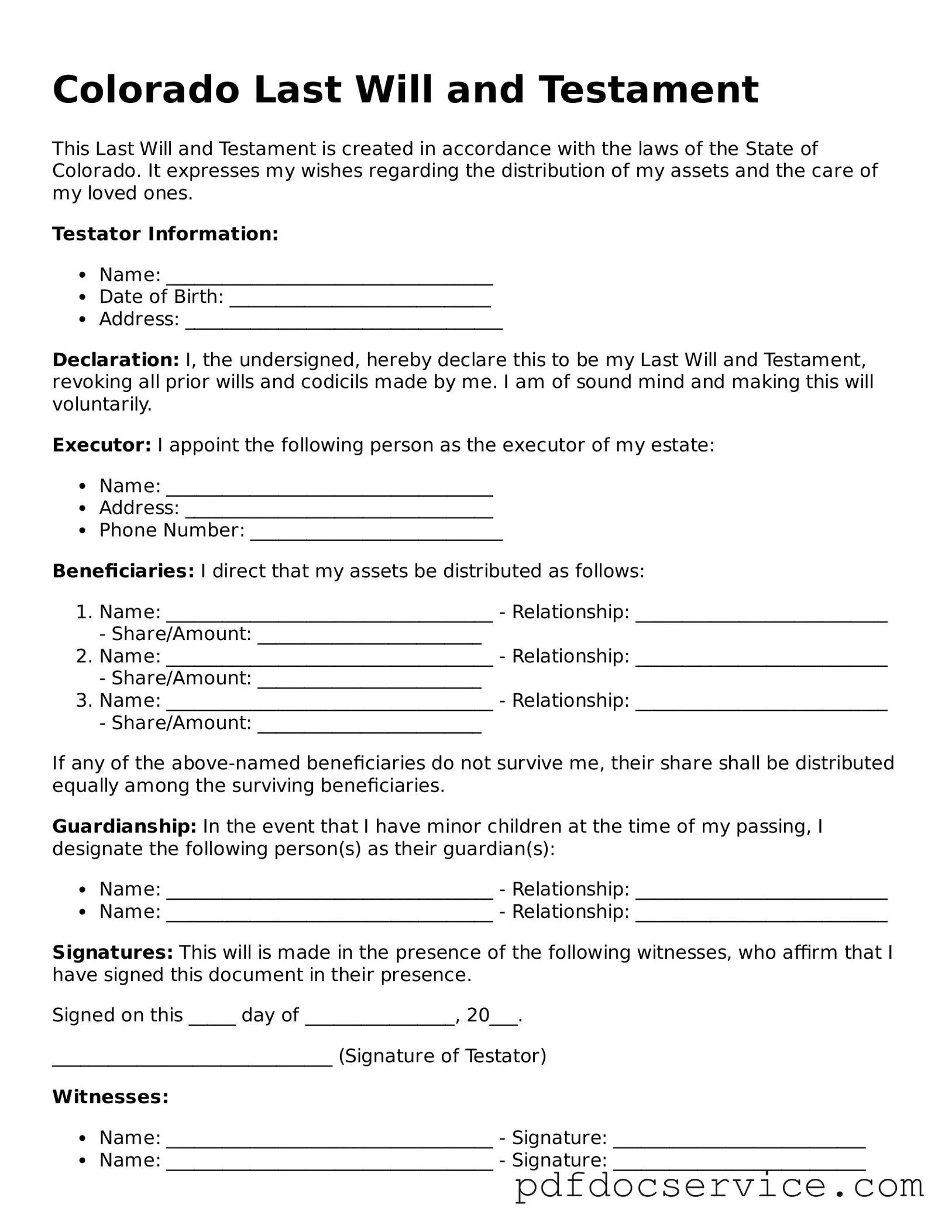Printable  Last Will and Testament Template for Colorado