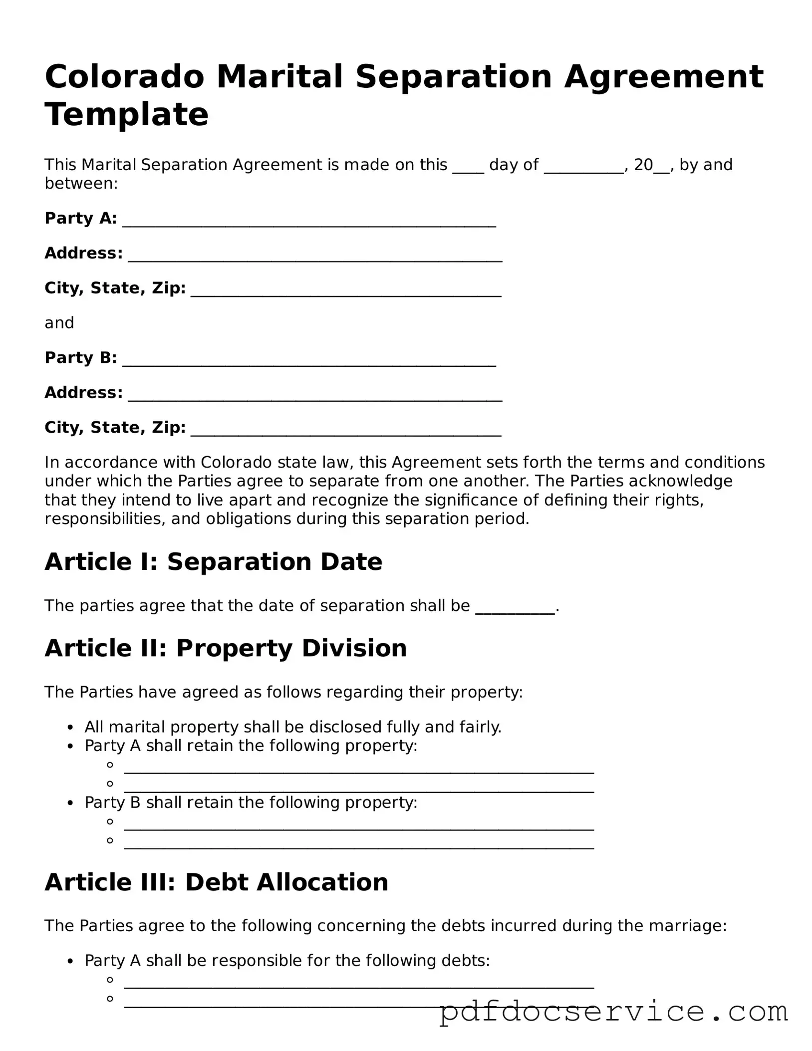 Printable  Marital Separation Agreement Template for Colorado