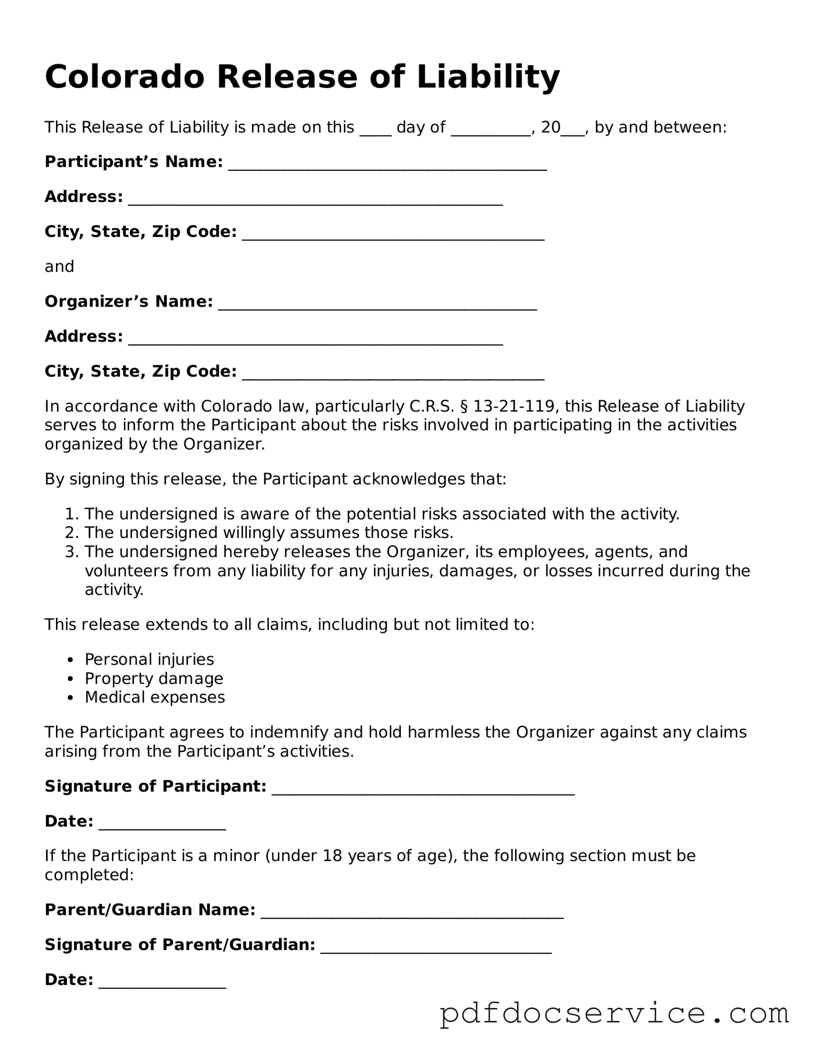 Printable  Release of Liability Template for Colorado