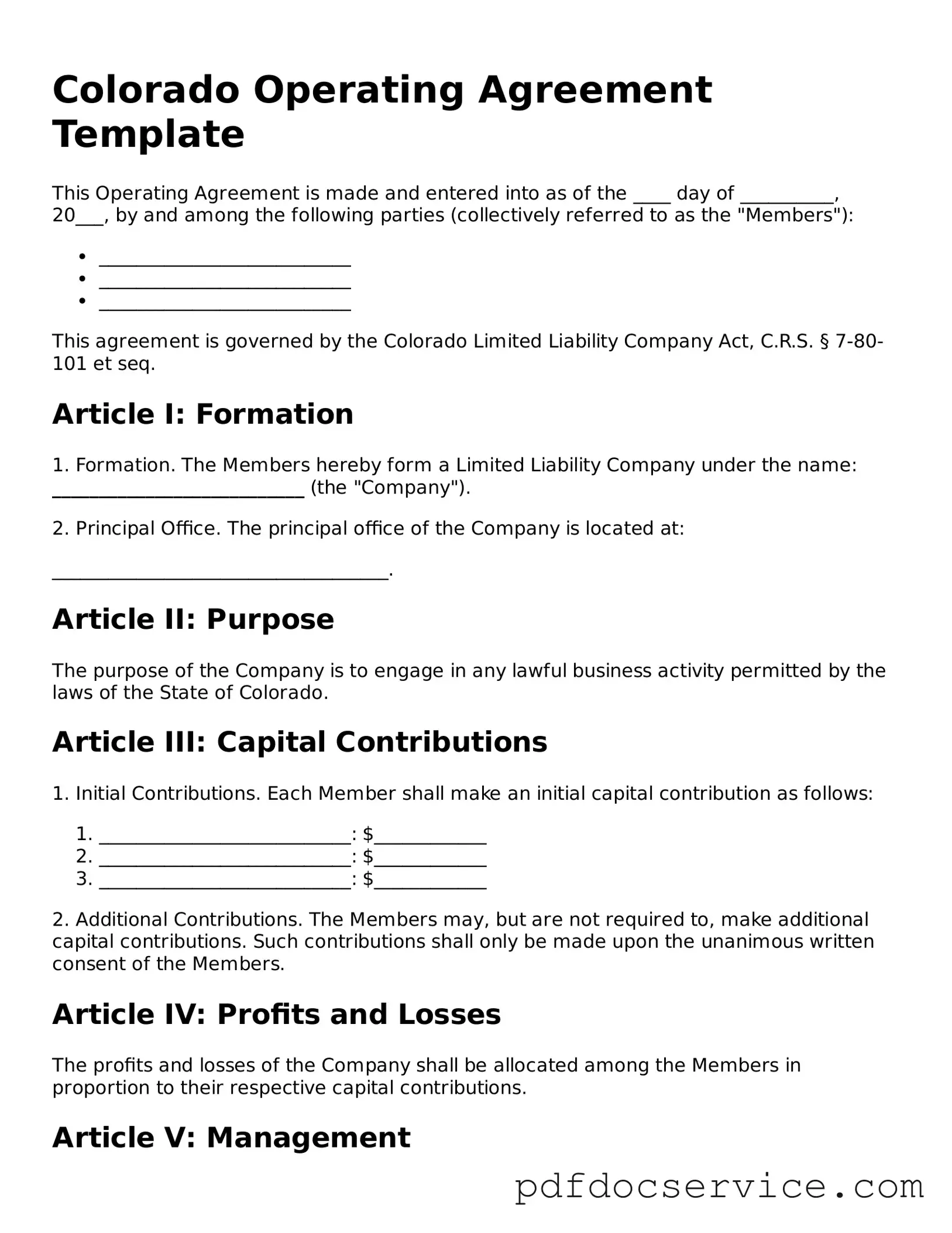 Printable  Operating Agreement Template for Colorado