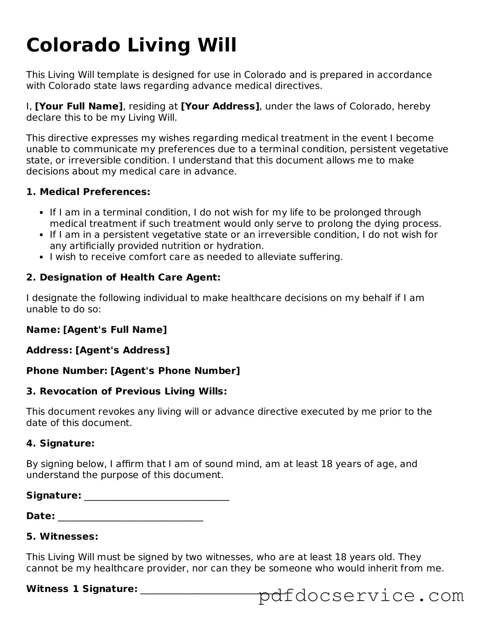 Printable  Living Will Template for Colorado
