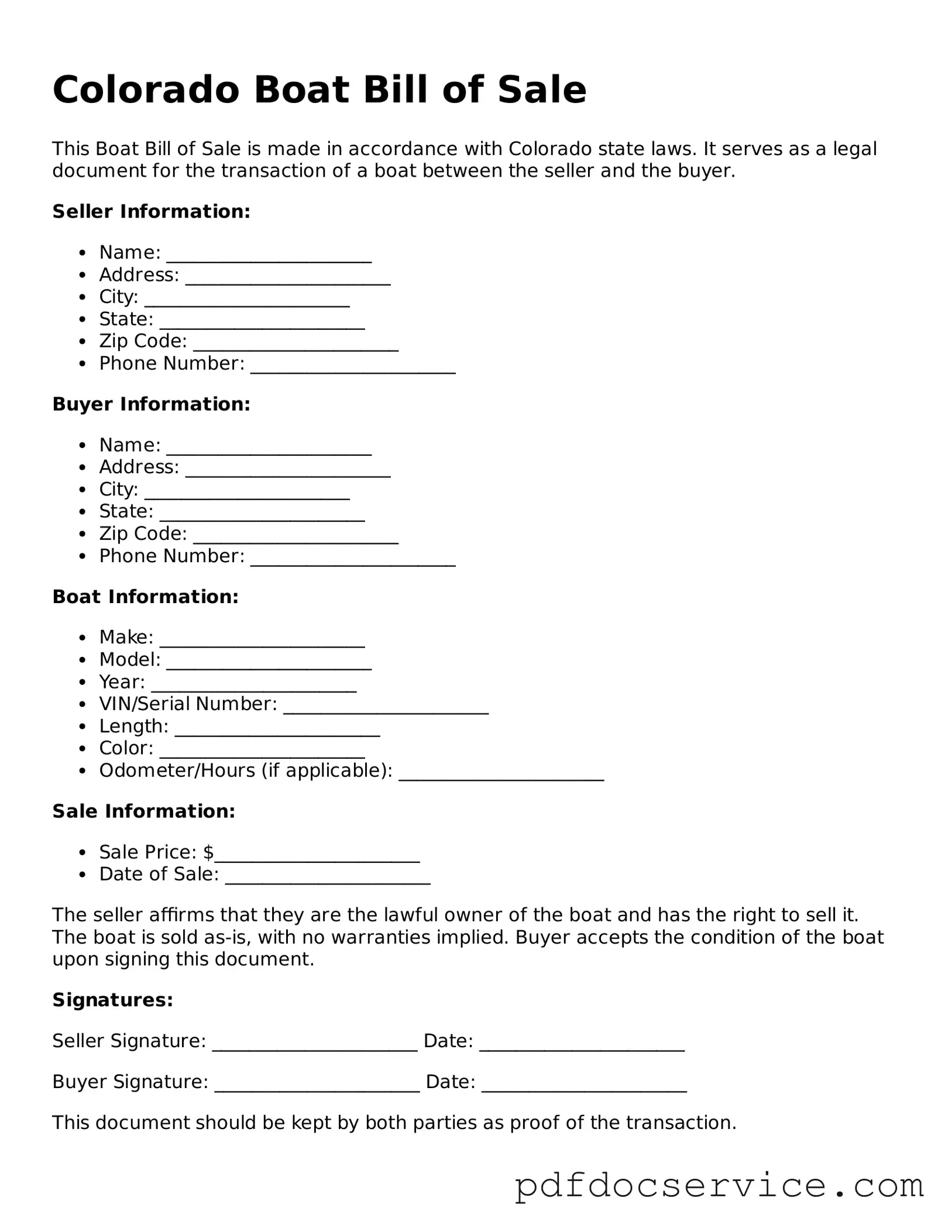 Printable  Boat Bill of Sale Template for Colorado