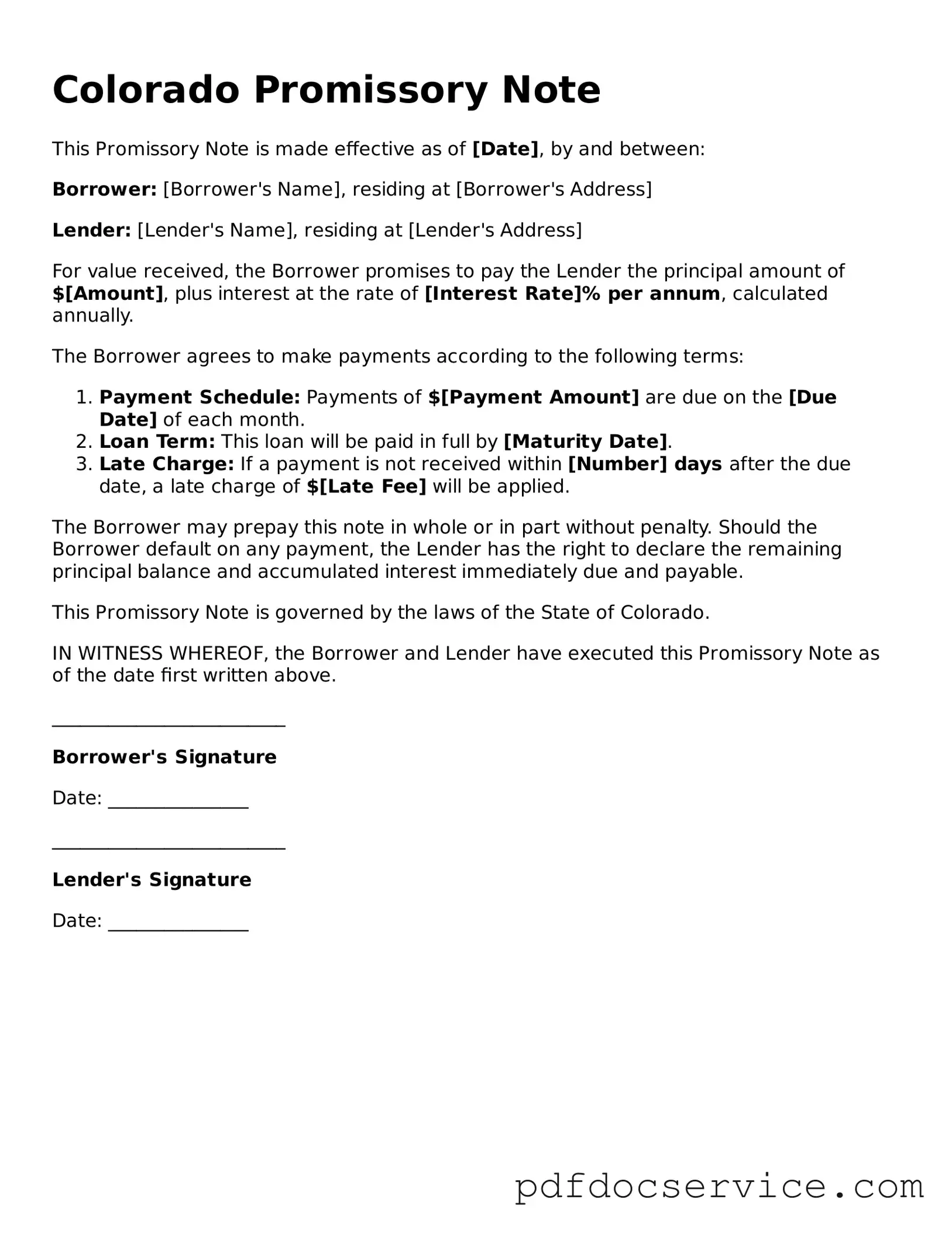 Printable  Promissory Note Template for Colorado