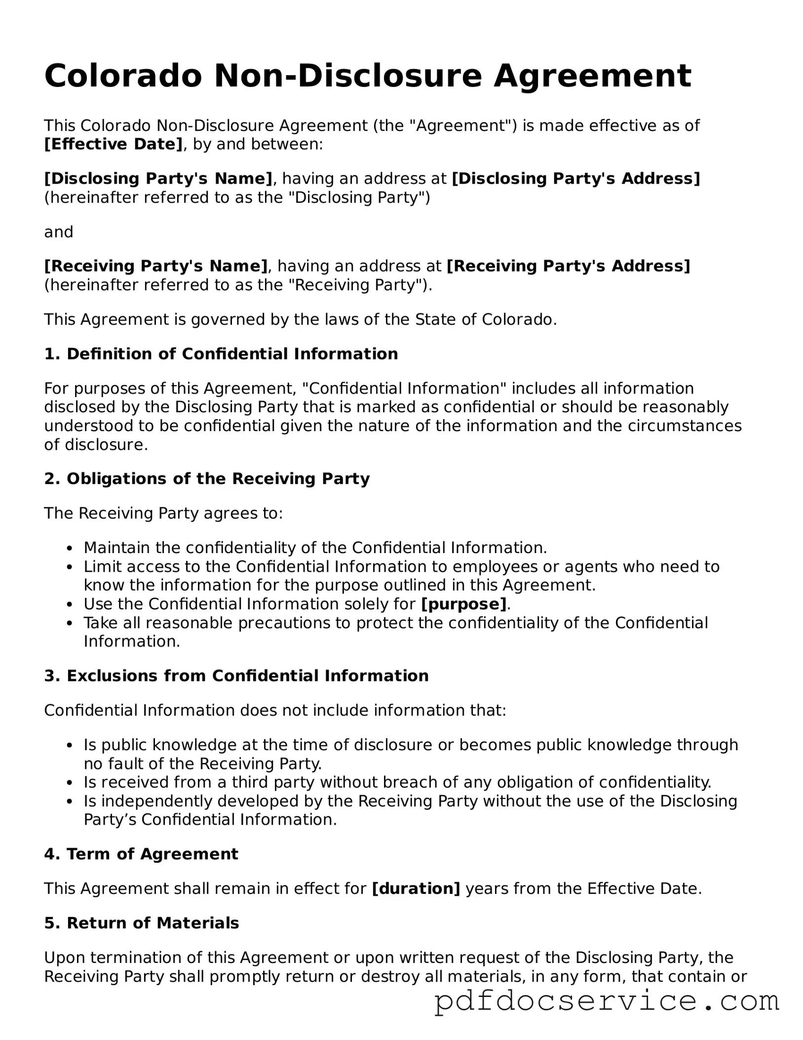 Printable  Non-disclosure Agreement Template for Colorado