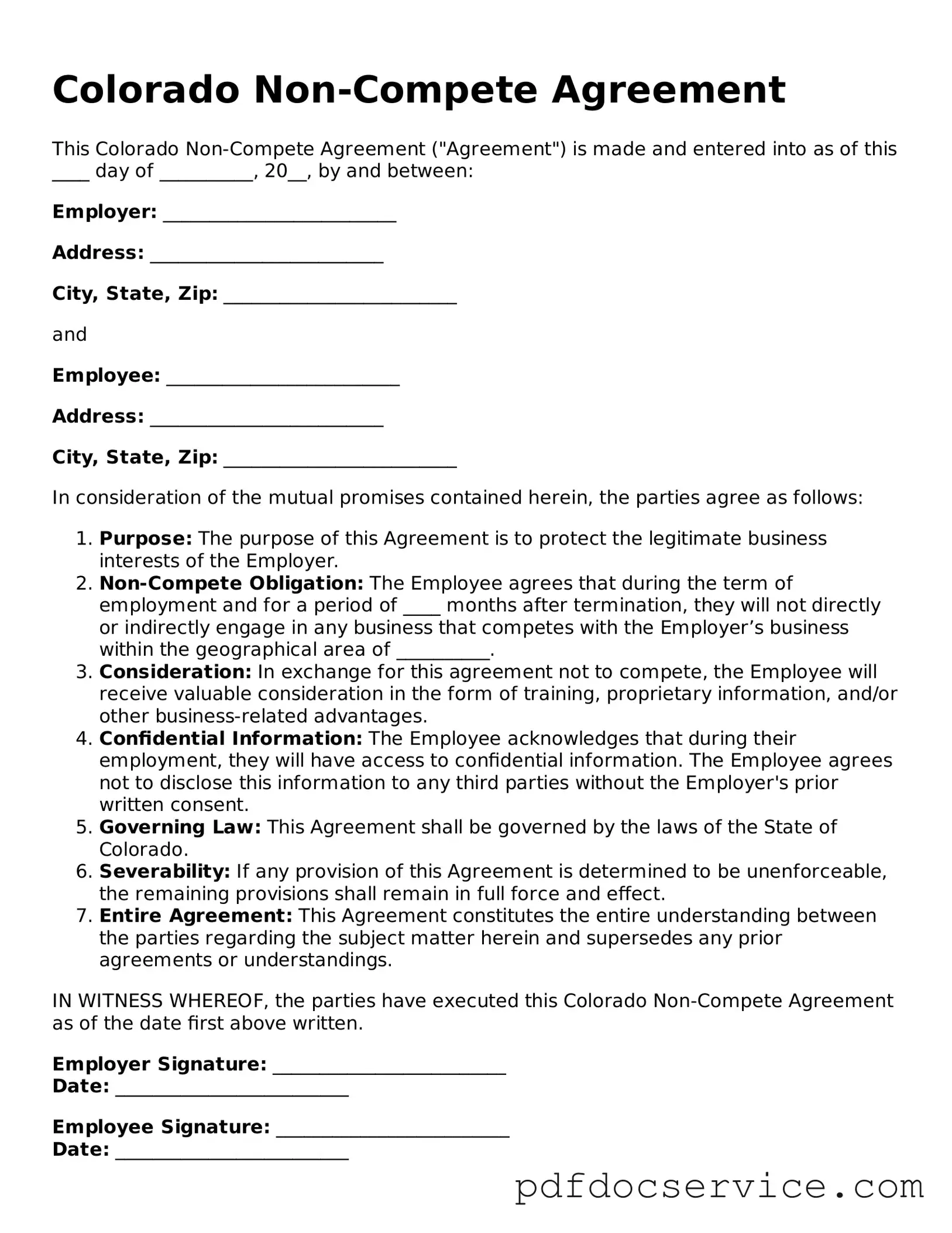 Printable  Non-compete Agreement Template for Colorado