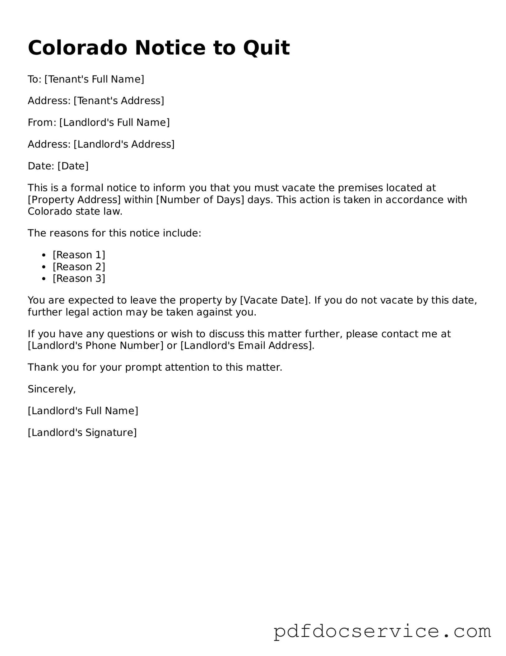 Printable  Notice to Quit Template for Colorado