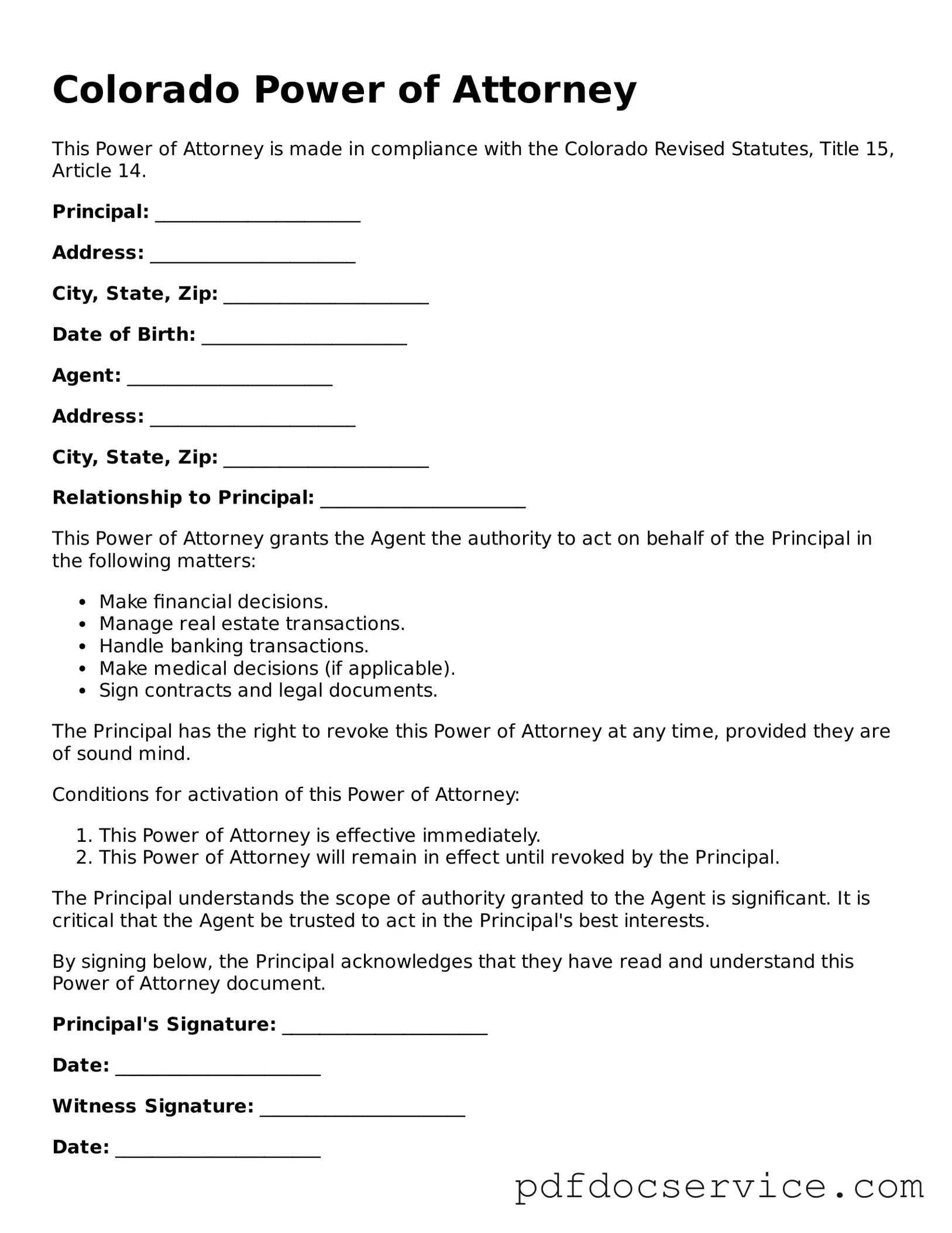 Printable  Power of Attorney Template for Colorado