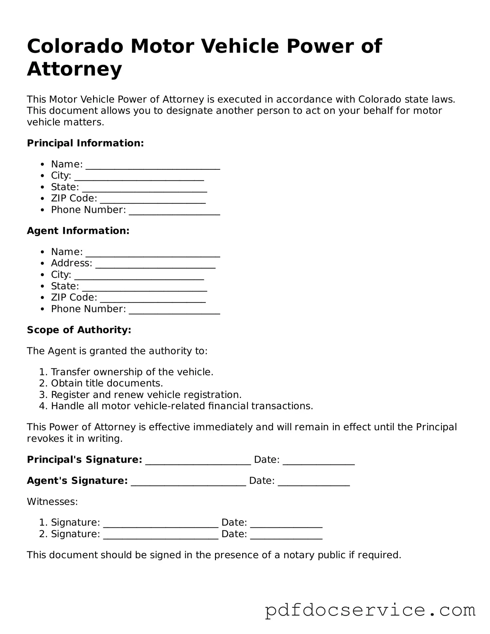 Printable  Motor Vehicle Power of Attorney Template for Colorado
