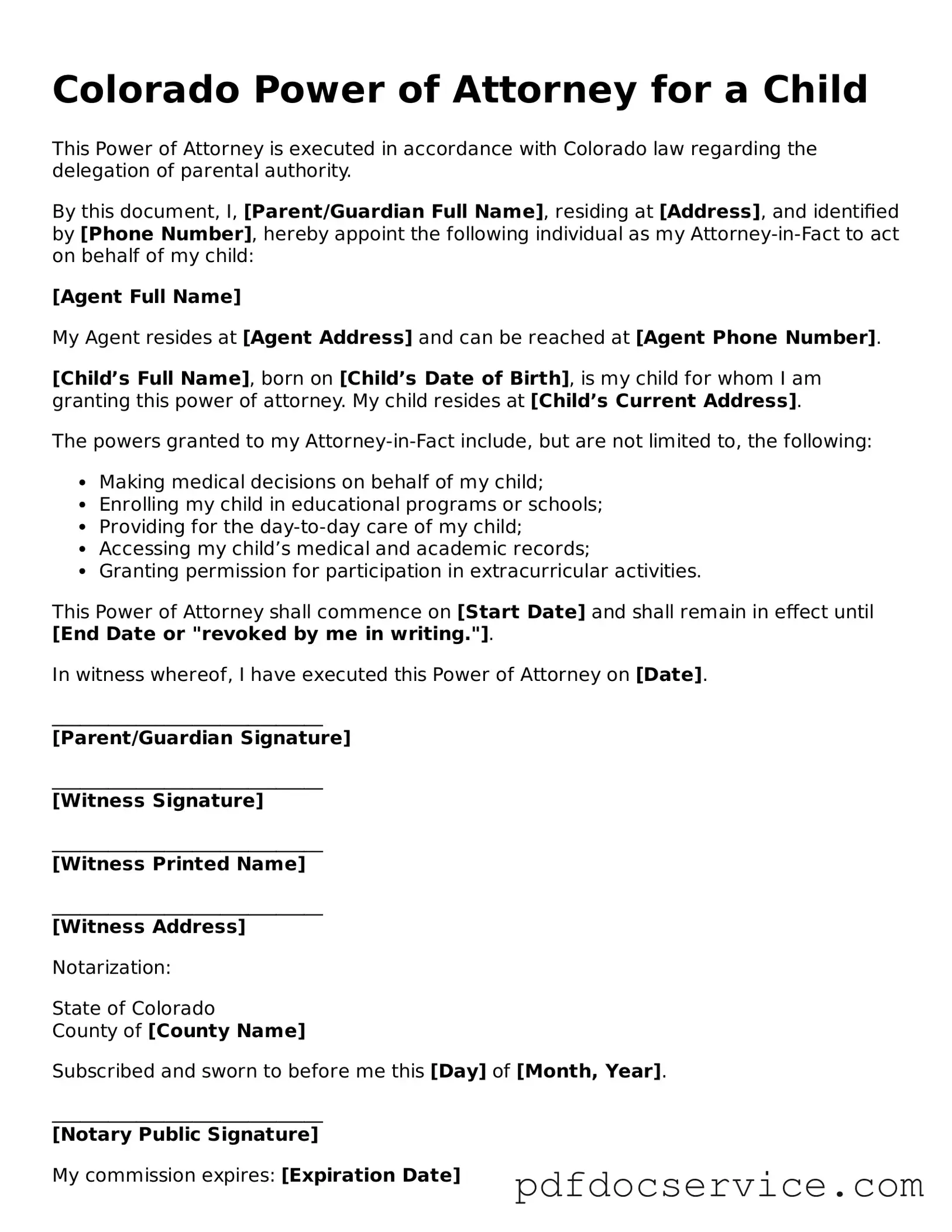 Printable  Power of Attorney for a Child Template for Colorado