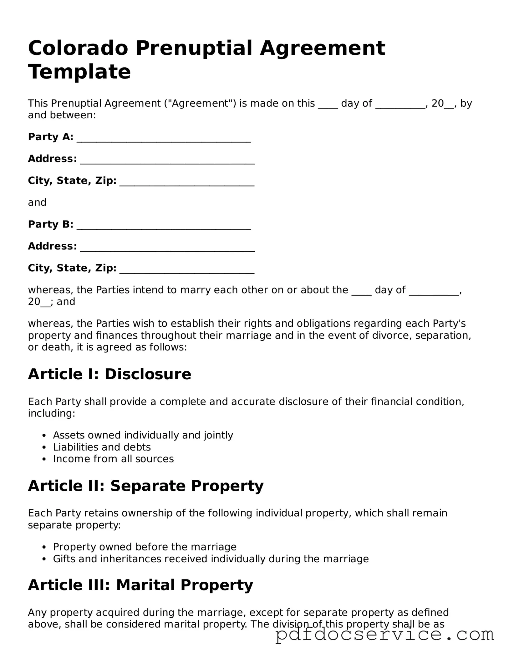Printable  Prenuptial Agreement Template for Colorado