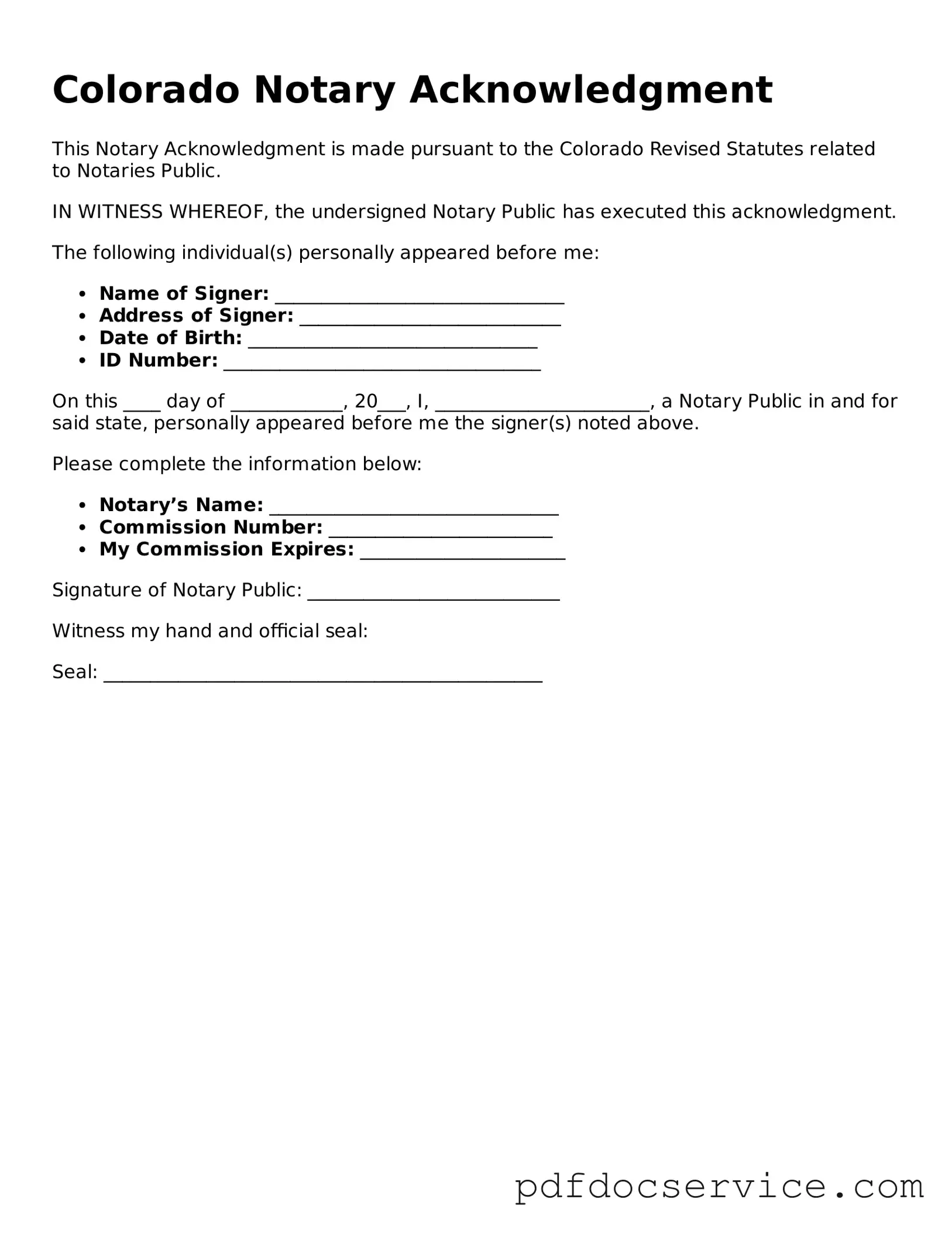 Printable  Notary Acknowledgement Template for Colorado