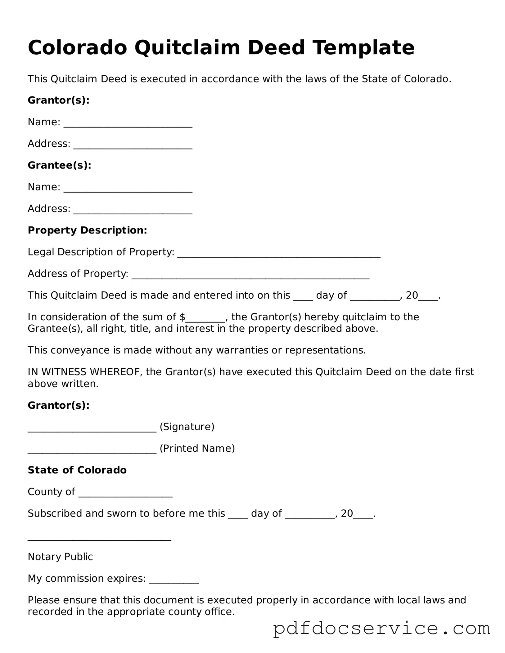 Printable  Quitclaim Deed Template for Colorado