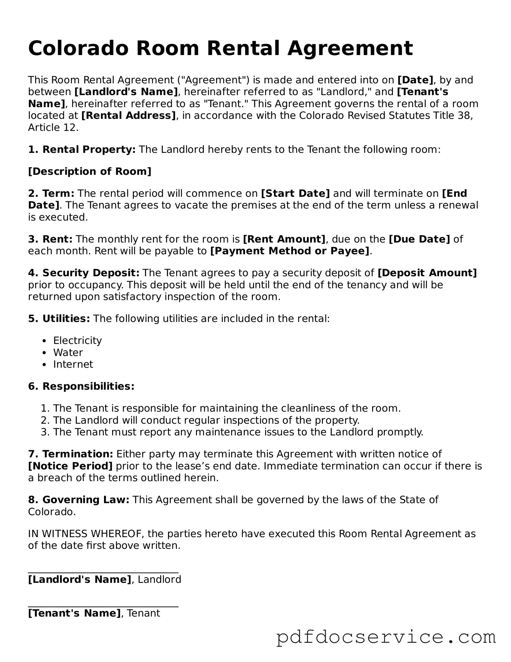 Printable  Room Rental Agreement Template for Colorado