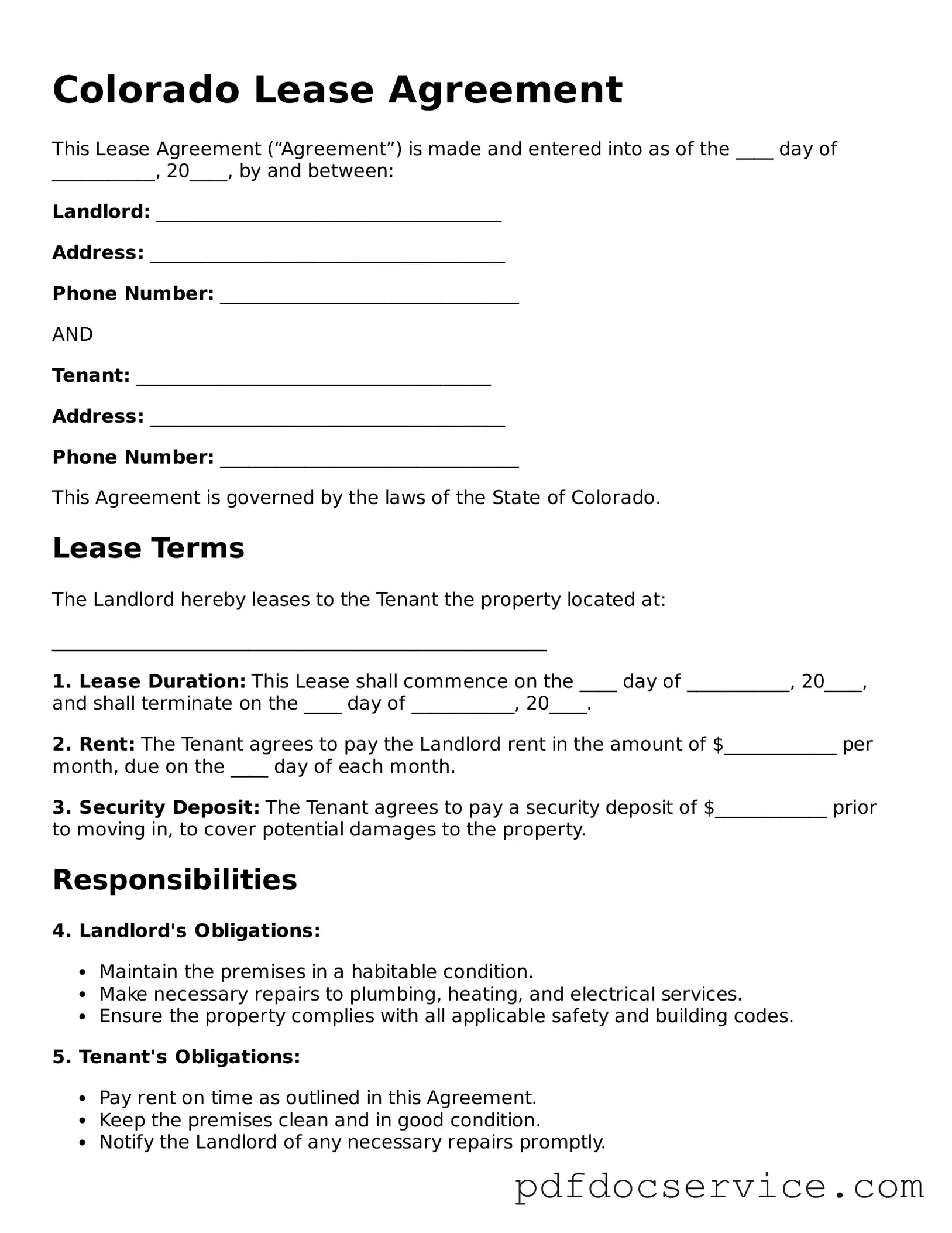 Printable  Lease Agreement Template for Colorado