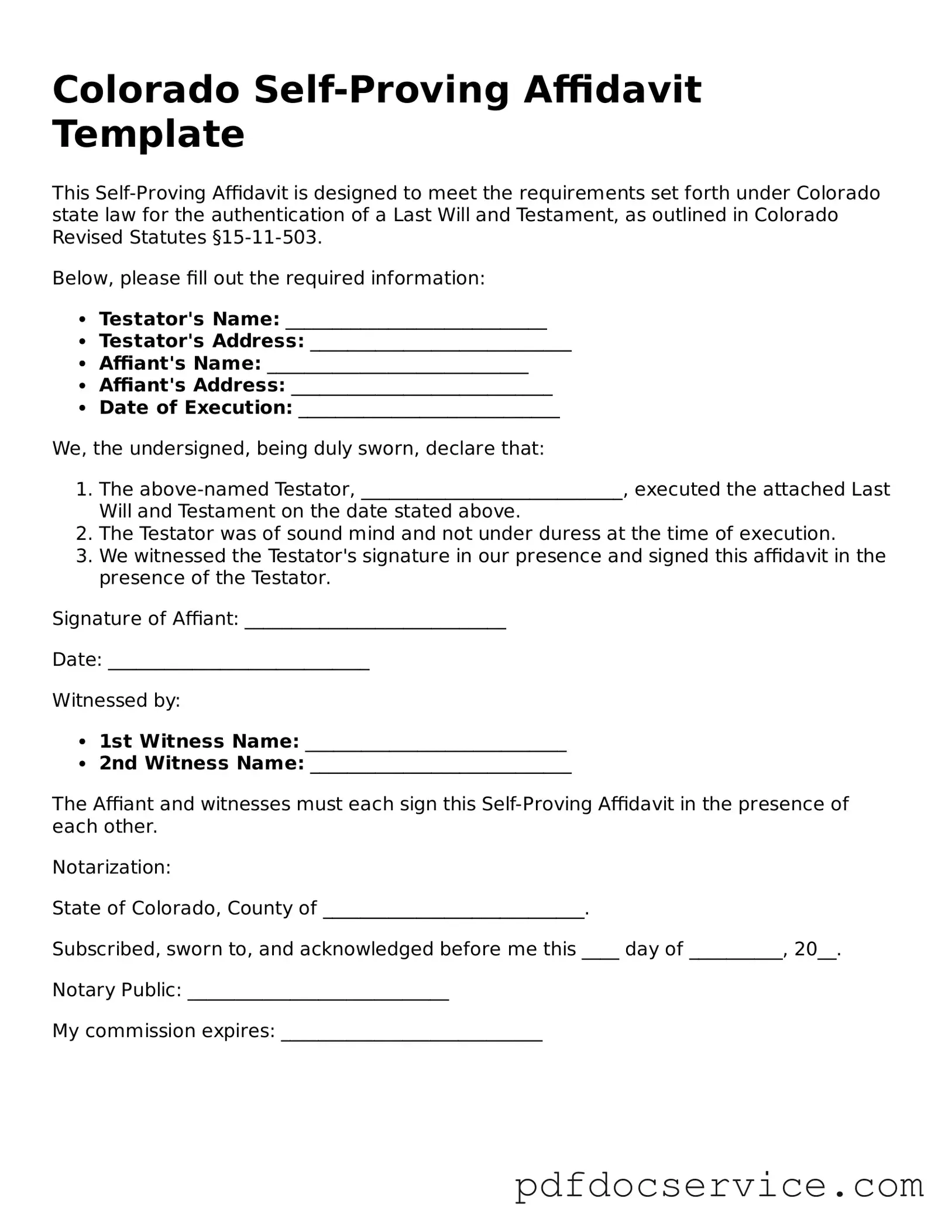 Printable  Self-Proving Affidavit Template for Colorado