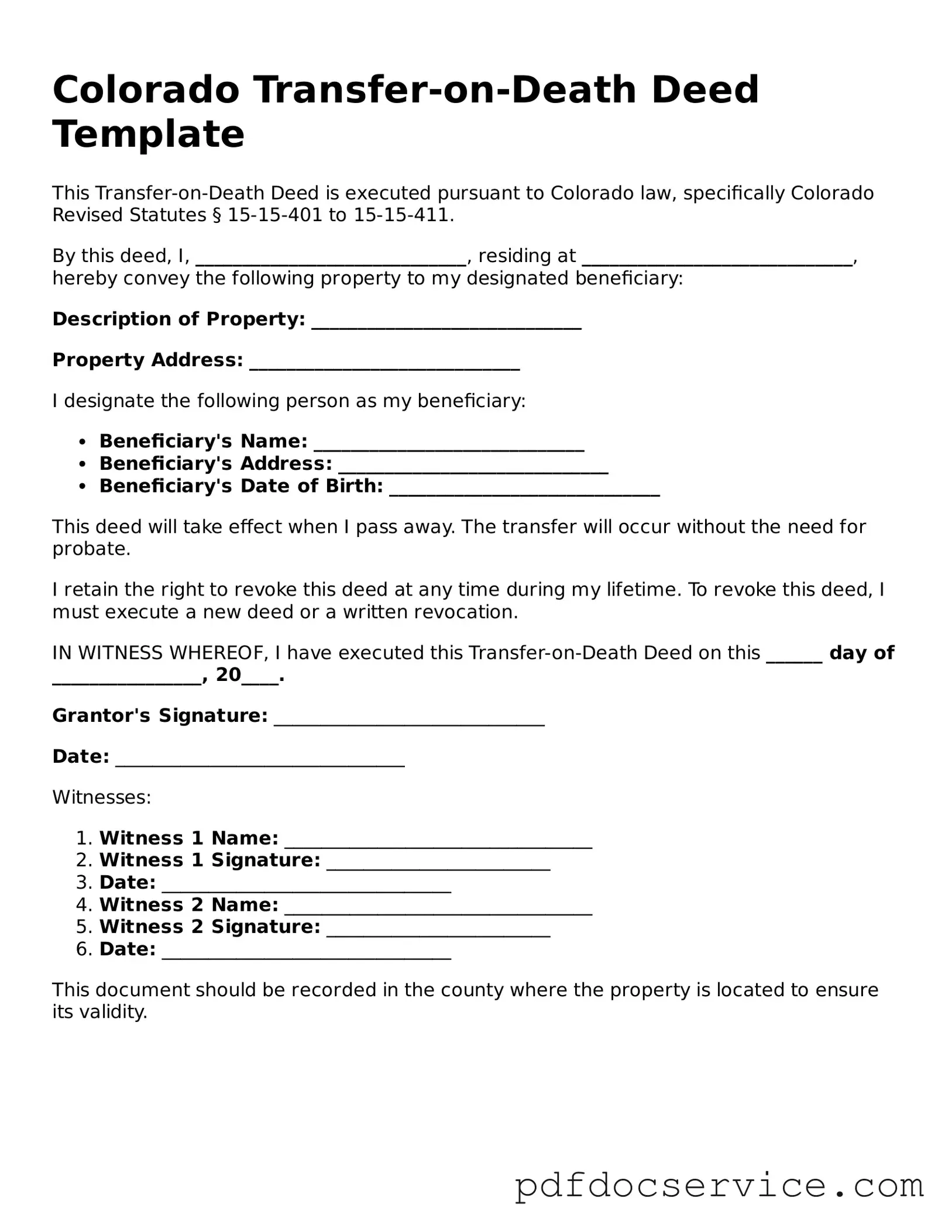 Printable  Transfer-on-Death Deed Template for Colorado