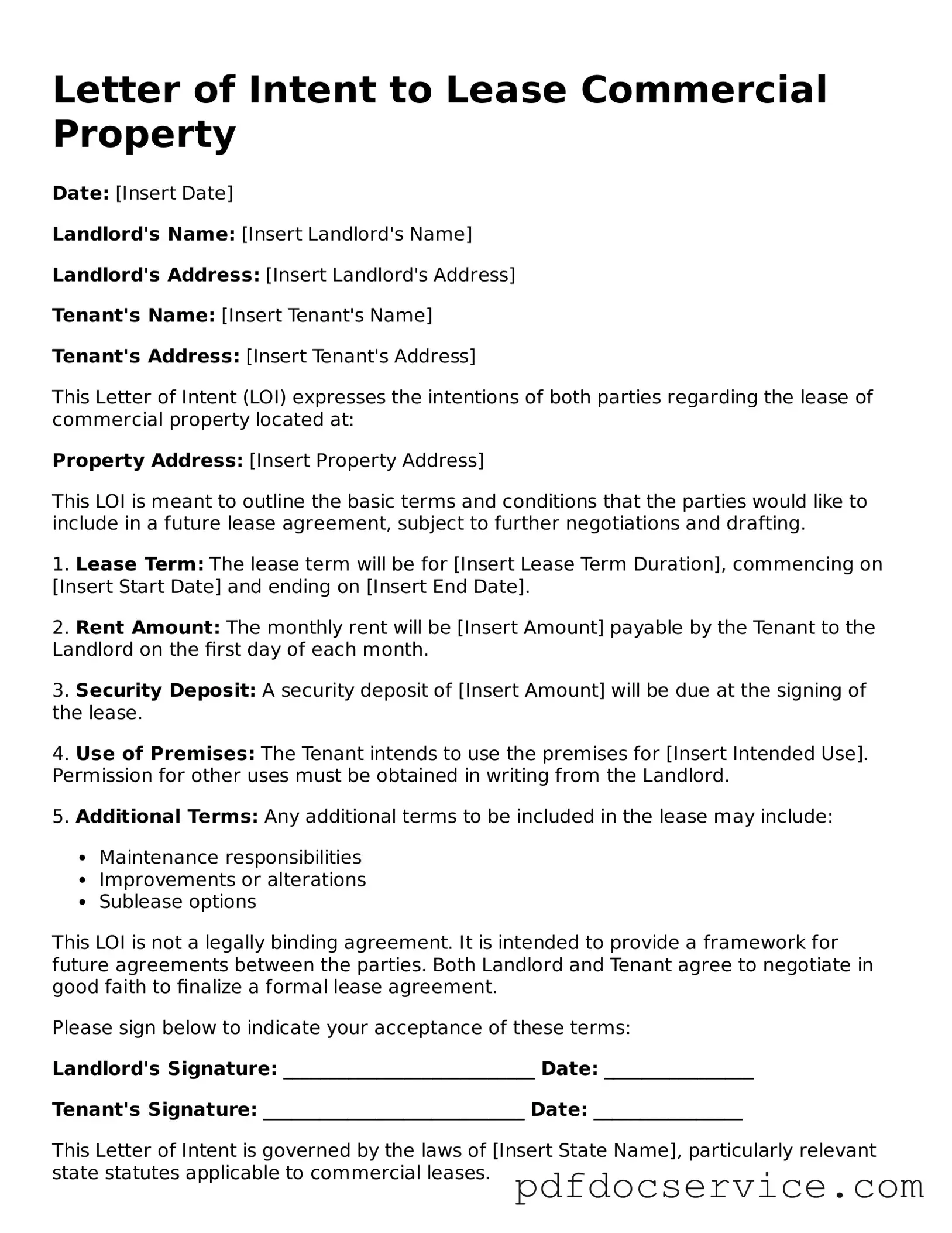 Blank Letter of Intent to Lease Commercial Property Form
