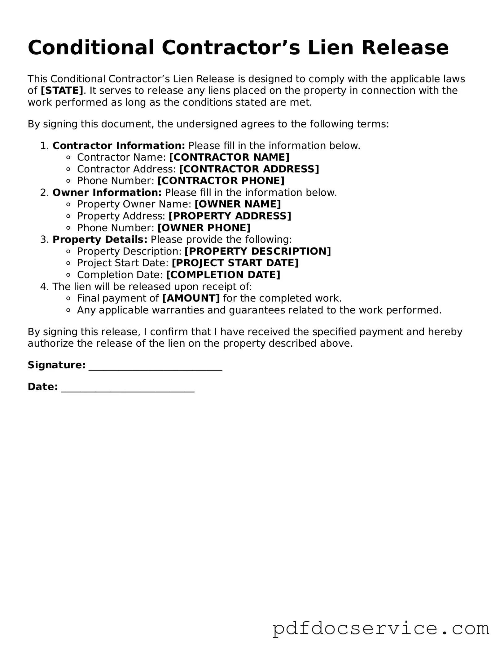 Blank Conditional Contractor’s Lien Release Form