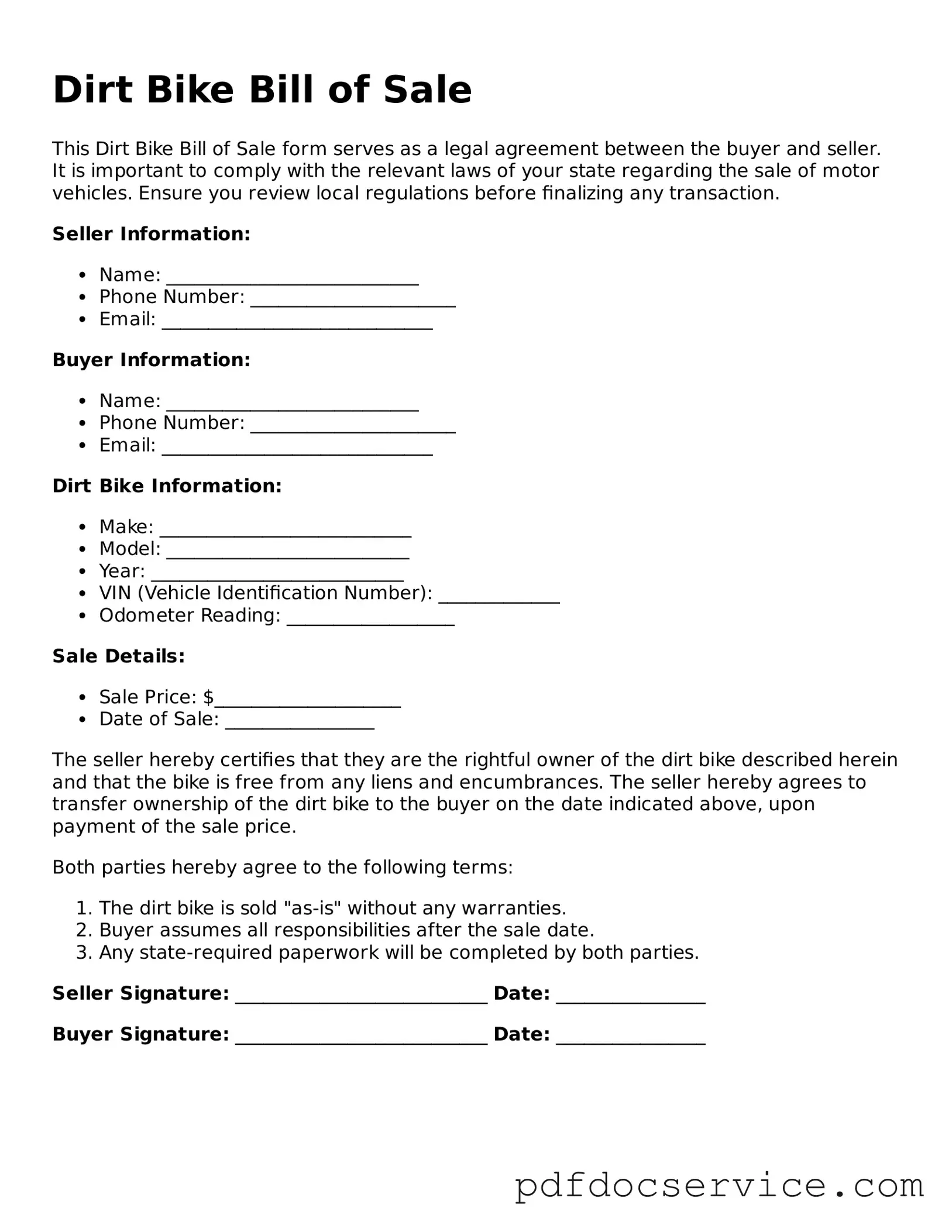 Blank Dirt Bike Bill of Sale Form