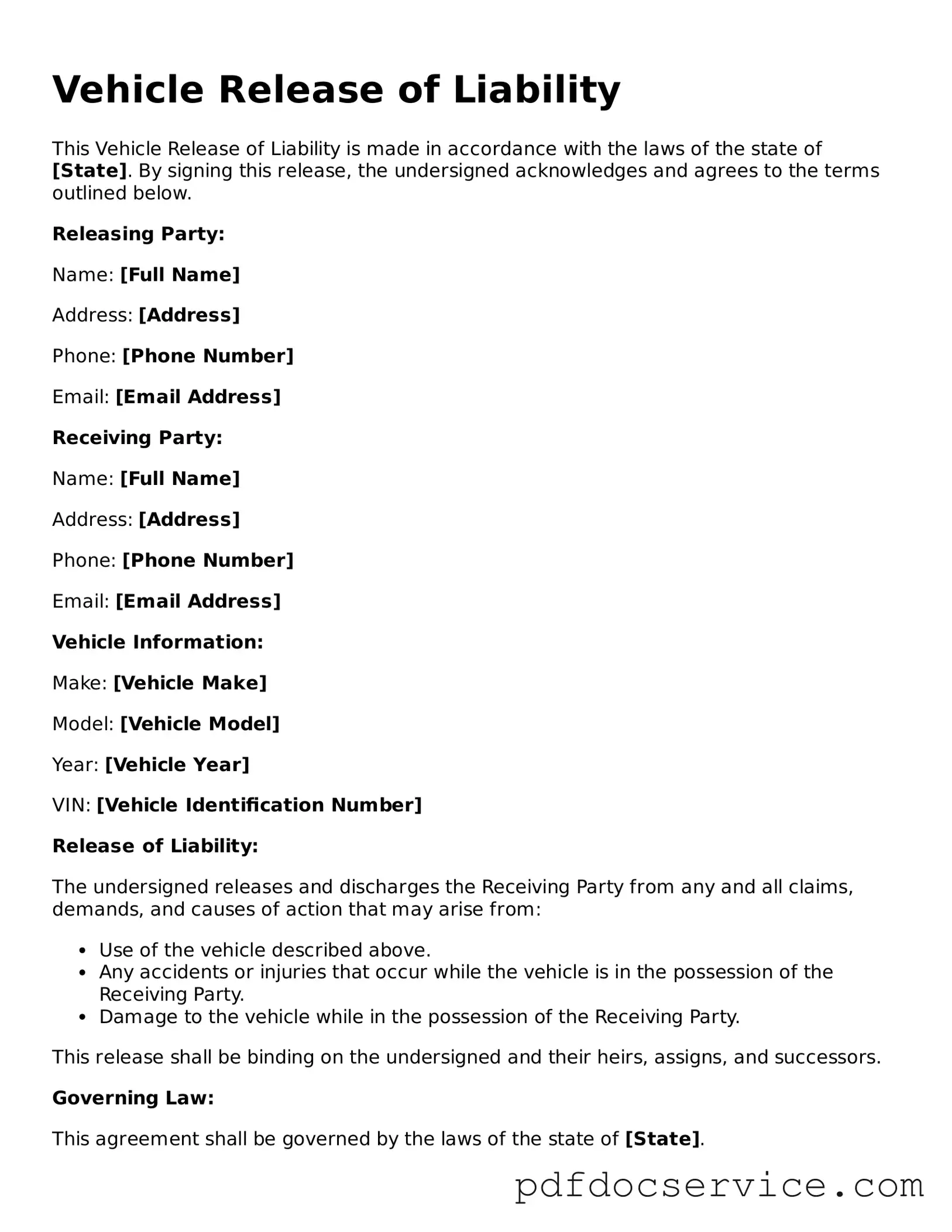 Blank Vehicle Release of Liability Form