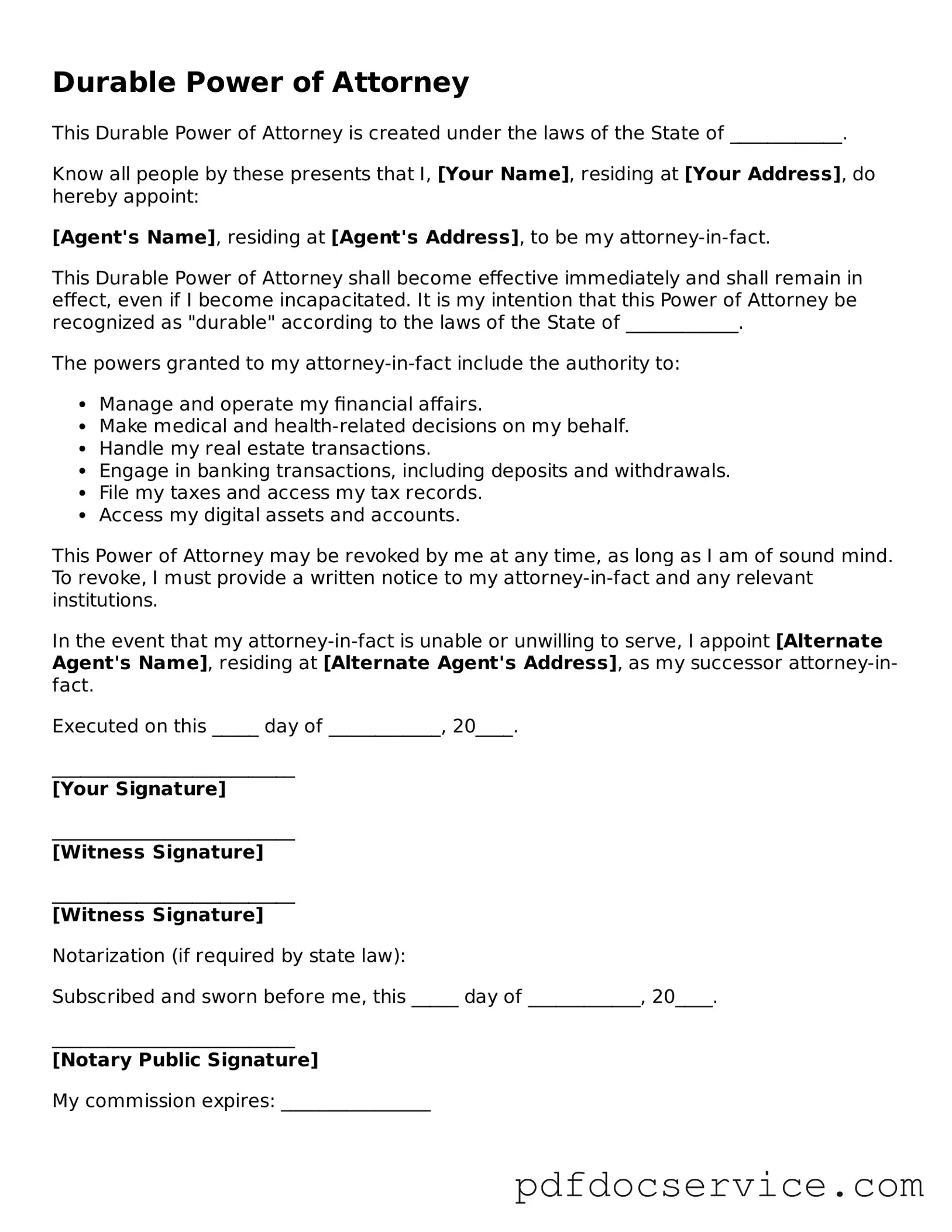Blank Durable Power of Attorney Form