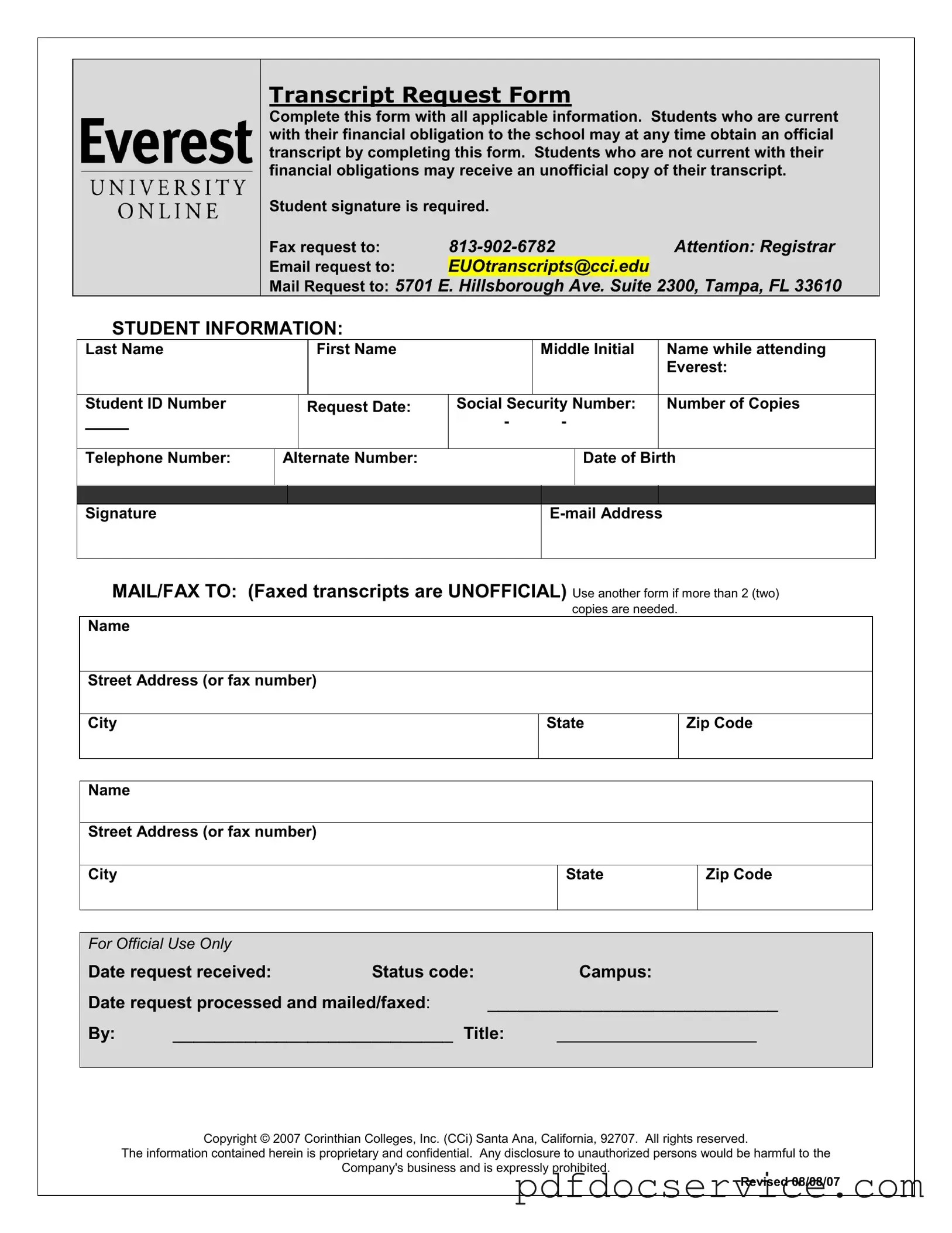 Fill Your Everest University Transcript Form