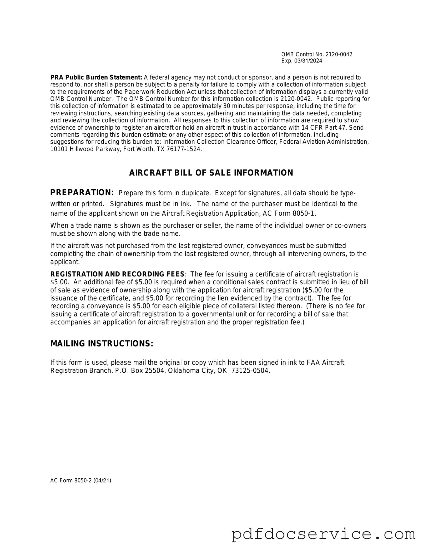 Fill Your Aircraft Bill of Sale AC 8050-2 Form
