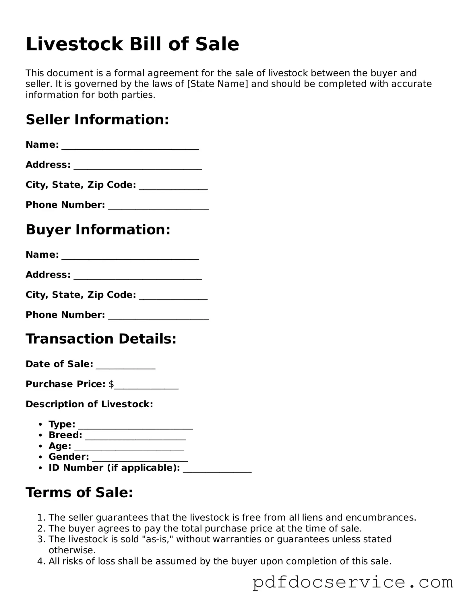 Blank Livestock Bill of Sale Form