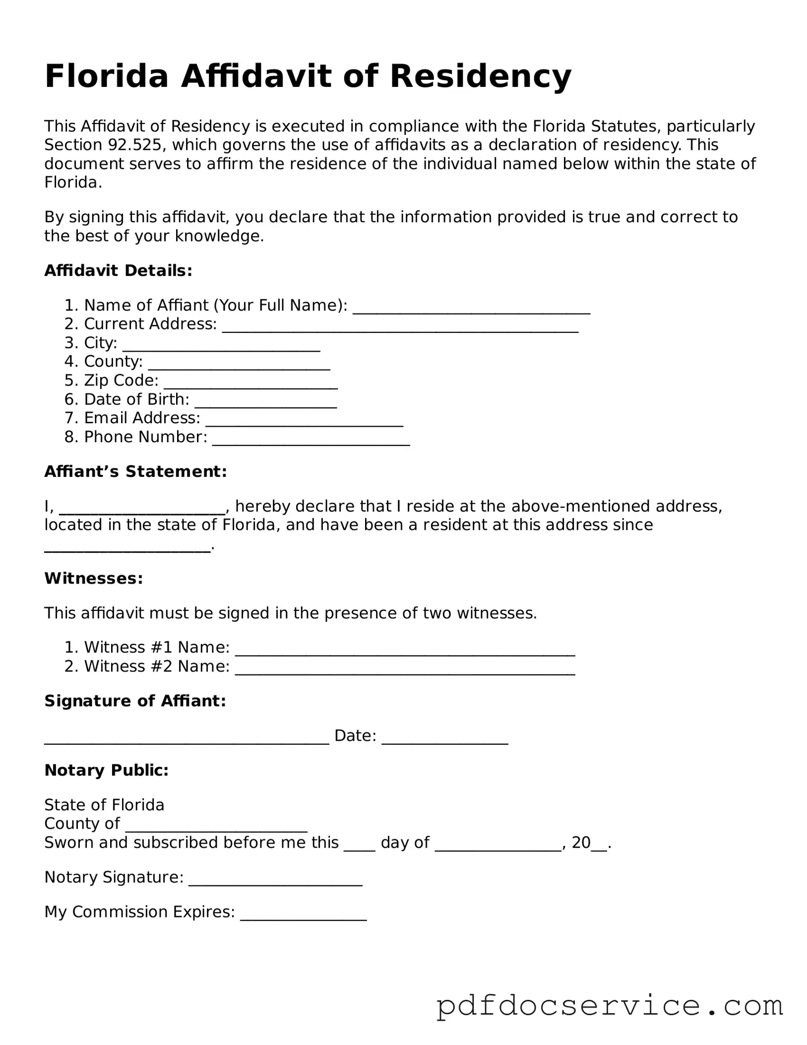 Printable  Affidavit of Residency Template for Florida