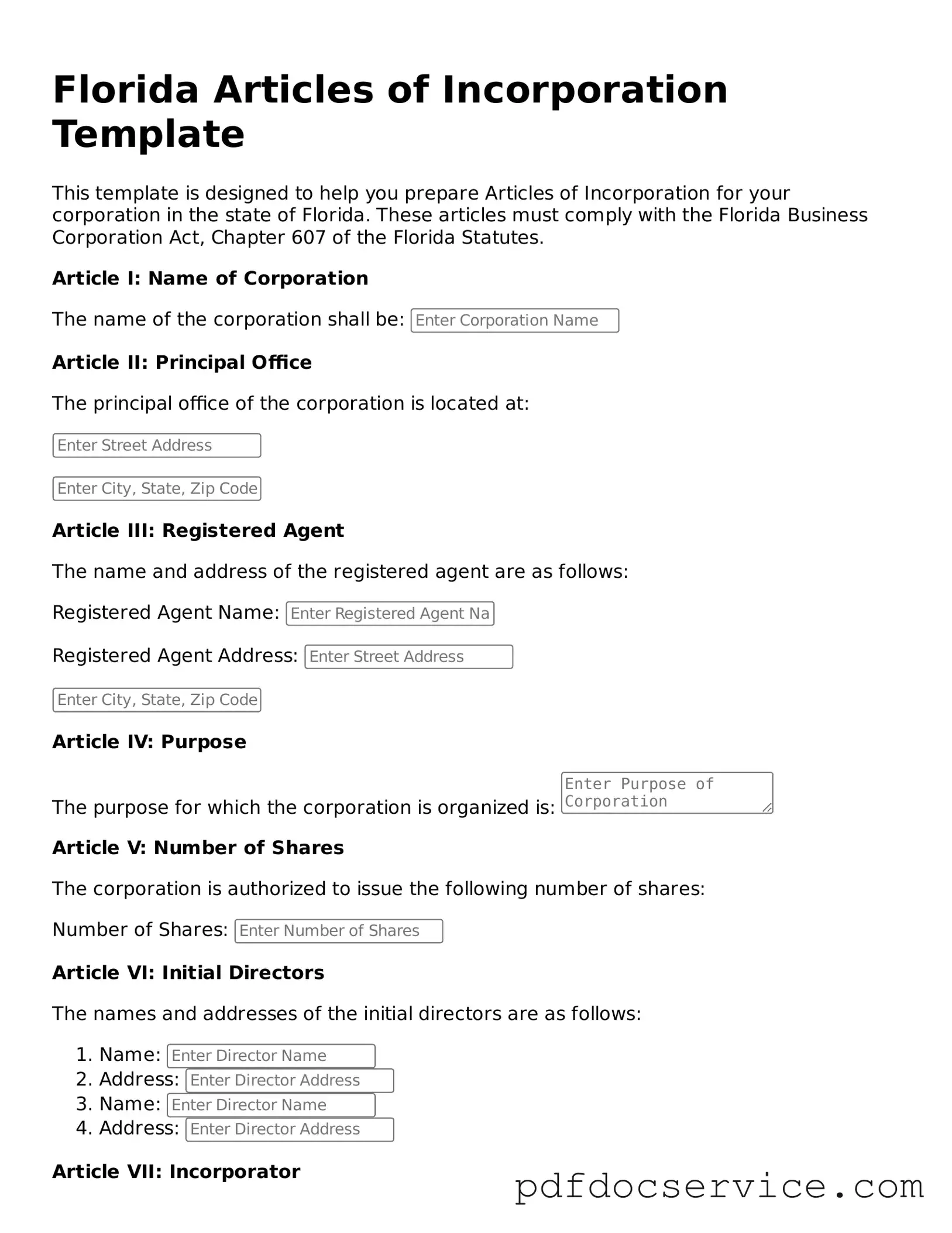 Printable  Articles of Incorporation Template for Florida