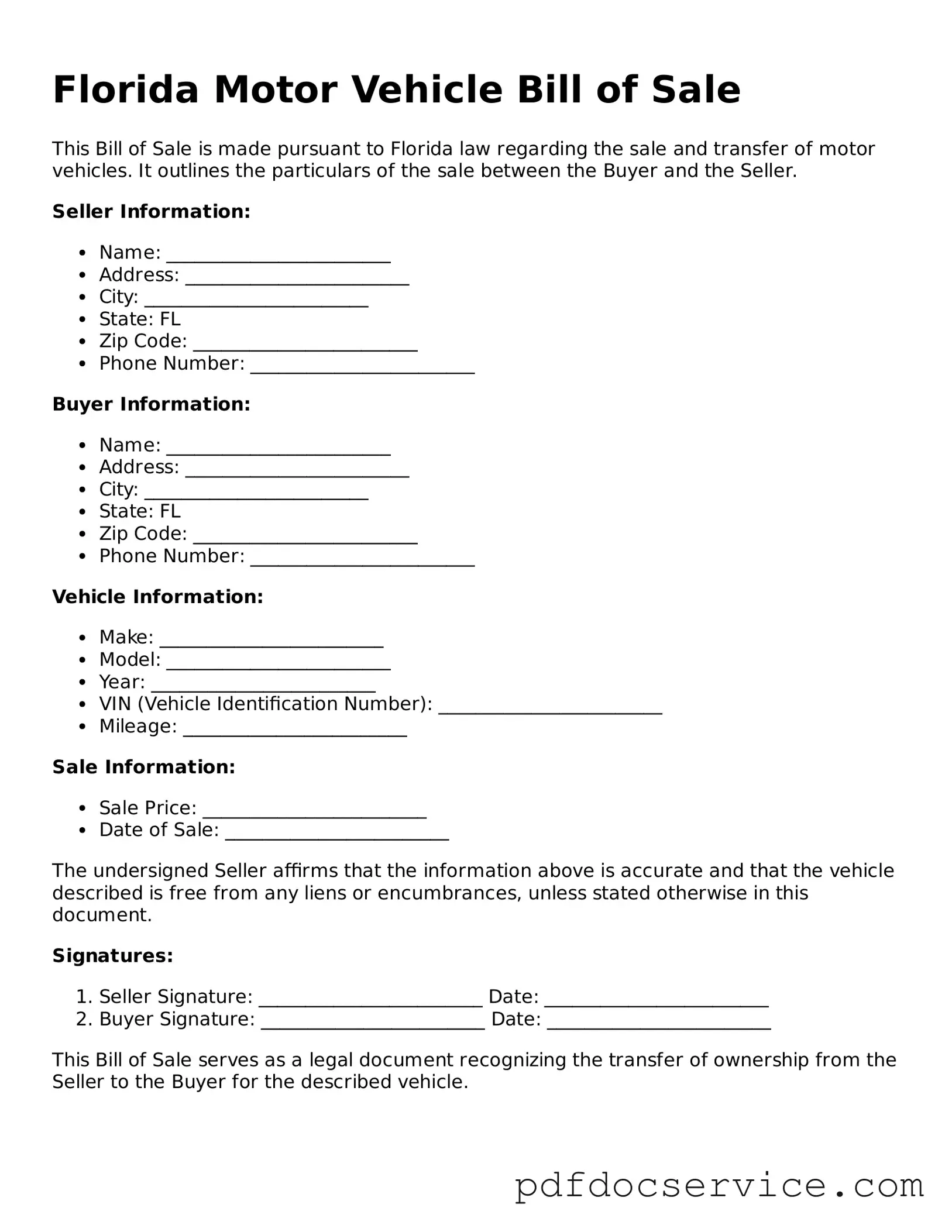 Printable  Motor Vehicle Bill of Sale Template for Florida