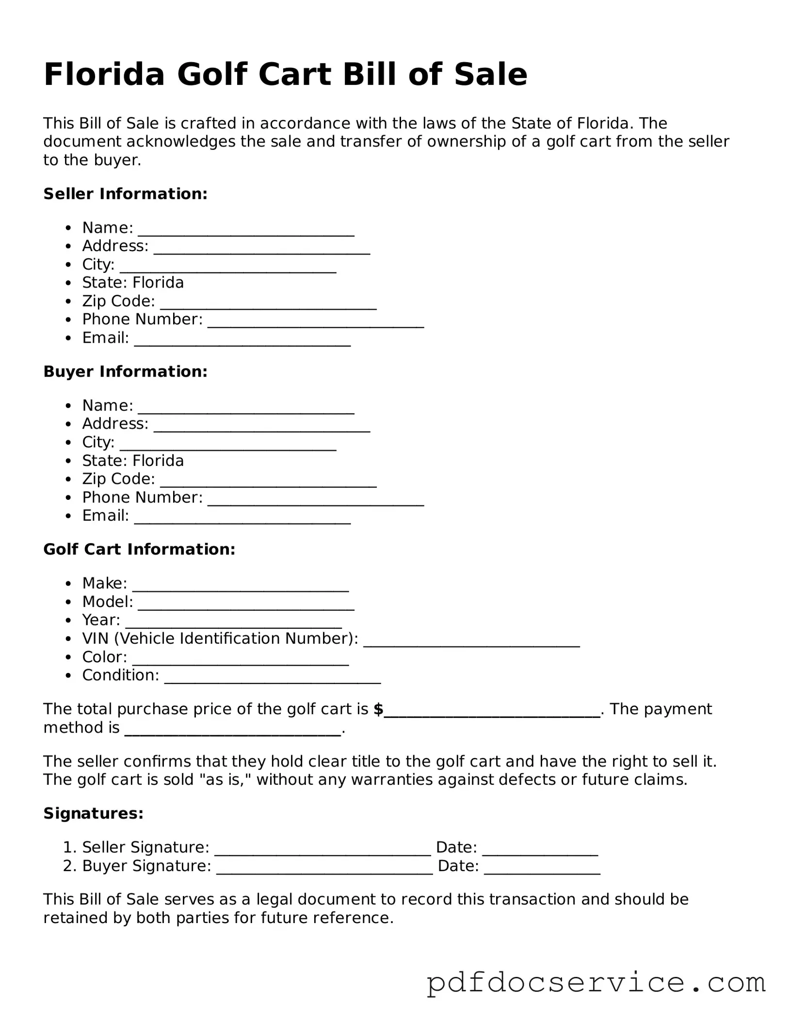 Printable  Golf Cart Bill of Sale Template for Florida