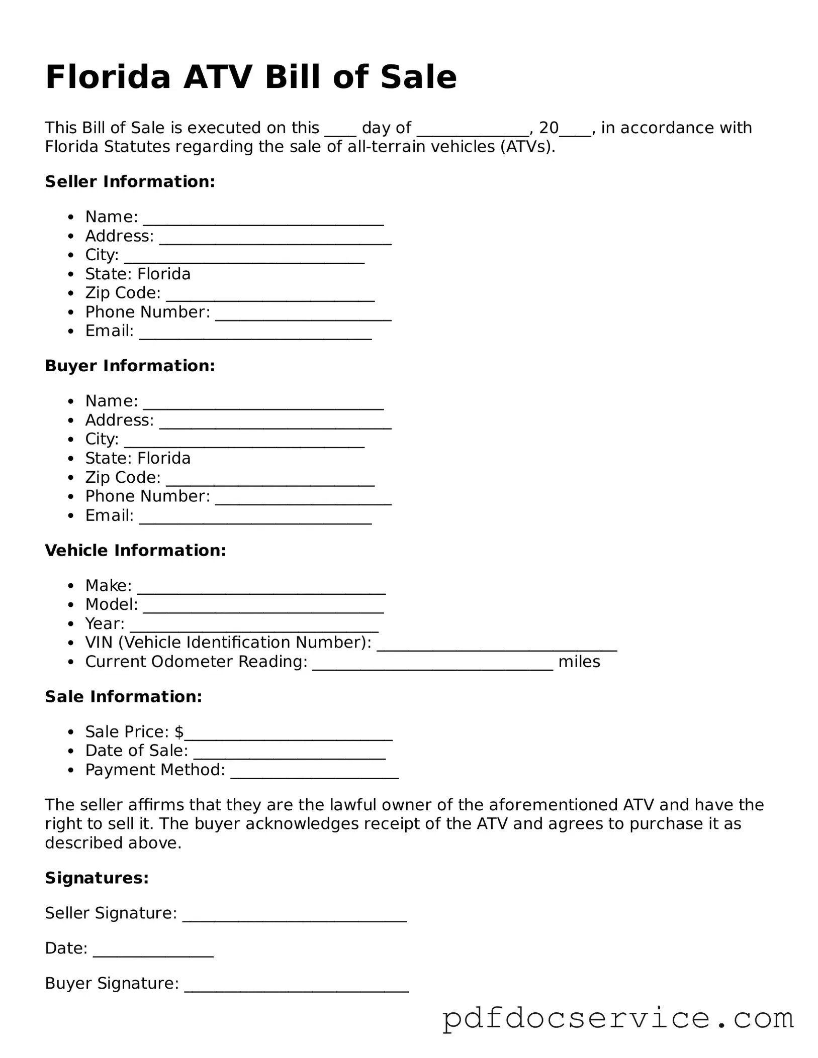 Printable  ATV Bill of Sale Template for Florida